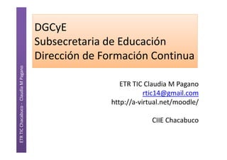 ETR TIC Chacabuco - Claudia M Pagano

DGCyE
Subsecretaria de Educación
Dirección de Formación Continua
ETR TIC Claudia M Pagano
rtic14@gmail.com
http://a-virtual.net/moodle/
CIIE Chacabuco

 