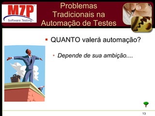 Problemas Tradicionais na Automação de Testes QUANTO valerá automação? Depende de sua ambição.... 