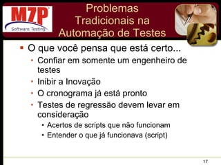 Problemas Tradicionais na Automação de Testes O que você pensa que está certo... Confiar em somente um engenheiro de testes Inibir a Inovação O cronograma já está pronto Testes de regressão devem levar em consideração Acertos de scripts que não funcionam Entender o que já funcionava (script) 
