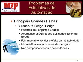 Problemas de Estimativas de Automação Principais Grandes Falhas: Cuidado!!!! Perigo! Perigo! Fazendo as Perguntas Erradas Arrumando as Atividades Estimadas de forma Errada Falhando ao entender o efeito da multiplicidade Inconsistência nos critérios de medição Não compensar riscos e dependências 