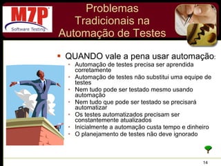 Problemas Tradicionais na Automação de Testes QUANDO vale a pena usar automação : Automação de testes precisa ser aprendida corretamente  Automação de testes não substitui uma equipe de testes  Nem tudo pode ser testado mesmo usando automação  Nem tudo que pode ser testado se precisará automatizar  Os testes automatizados precisam ser constantemente atualizados  Inicialmente a automação custa tempo e dinheiro  O planejamento de testes não deve ignorado 