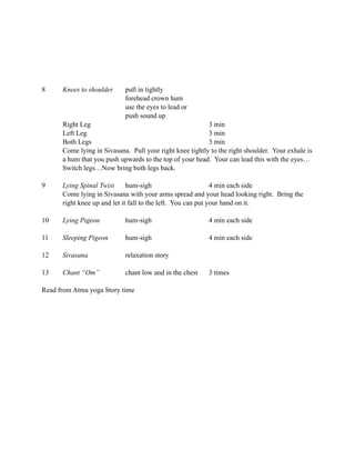 8     Knees to shoulder     pull in tightly
                            forehead crown hum
                            use the eyes to lead or
                            push sound up
      Right Leg                                           3 min
      Left Leg                                            3 min
      Both Legs                                           3 min
      Come lying in Sivasana. Pull your right knee tightly to the right shoulder. Your exhale is
      a hum that you push upwards to the top of your head. Your can lead this with the eyes…
      Switch legs…Now bring both legs back.

9     Lying Spinal Twist      hum-sigh                        4 min each side
      Come lying in Sivasana with your arms spread and your head looking right. Bring the
      right knee up and let it fall to the left. You can put your hand on it.

10    Lying Pigeon          hum-sigh                      4 min each side

11    Sleeping Pigeon       hum-sigh                      4 min each side

12    Sivasana              relaxation story

13    Chant “Om”            chant low and in the chest    3 times

Read from Atma yoga Story time
 
