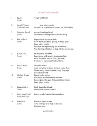 “To Heal and Surrender”

1    Squat                weight and breath
     5 min

2    Janu Sri Asana              long ujjaya exhale
     5 min each side      surrender to experience of tension and inflexibility

3    Posterior Stretch    contraction ujjaya breath
     5 min                awareness of the experience of inflexibility

4    Flat on back         Legs straight up, spread wide.
     3 min                Lock the knees and let gravity pull legs apart.
                          Long ujjaya exhale.
                          Focus on the experiencing the inflexibility.
                          Use the long exhalation to drop into the experience.

5    Easy Cobra           On forearms, NO PAIN.
     3 min                Legs spread wide apart with ujjaya exhale.
                          Press the pelvis into the floor (butt tuck).
                          Continue to experience the boundaries.

6    Child’s Pose         Shoulder stretch.
     3 min                Arms stretch far in front, forehead on the floor.
                          Hands barely touch the floor—only fingertips.
                          Roll up afterwards
.7   Medium Bridge        Hands on the ankles.
     3 min                Lift pelvis up, shoulders on the floor.
                          Knees spread far apart (but generate no strain).
                          Long ujjaya exhale.

8    Knees to chest       Rock forward and back.
     3 min                Inhale back, exhale forward.

9    Lying spinal twist   long, extended roof-of-the-mouth hum.
     5 min each side.

10   Easy boat            Forehead stays on floor.
     3 min                Arms and legs up as high as possible.
                          Continue hum.

                                      Continued....
 