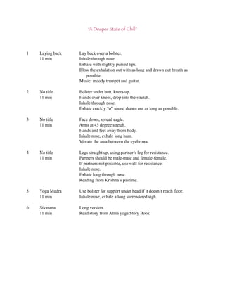 “A Deeper State of Chill”




1   Laying back   Lay back over a bolster.
    11 min        Inhale through nose.
                  Exhale with slightly pursed lips.
                  Blow the exhalation out with as long and drawn out breath as
                     possible.
                  Music: moody trumpet and guitar.

2   No title      Bolster under butt, knees up.
    11 min        Hands over knees, drop into the stretch.
                  Inhale through nose.
                  Exhale crackly “o” sound drawn out as long as possible.

3   No title      Face down, spread eagle.
    11 min        Arms at 45 degree stretch.
                  Hands and feet away from body.
                  Inhale nose, exhale long hum.
                  Vibrate the area between the eyebrows.

4   No title      Legs straight up, using partner’s leg for resistance.
    11 min        Partners should be male-male and female-female.
                  If partners not possible, use wall for resistance.
                  Inhale nose.
                  Exhale long through nose.
                  Reading from Krishna’s pastime.

5   Yoga Mudra    Use bolster for support under head if it doesn’t reach floor.
    11 min        Inhale nose, exhale a long surrendered sigh.

6   Sivasana      Long version.
    11 min        Read story from Atma yoga Story Book
 