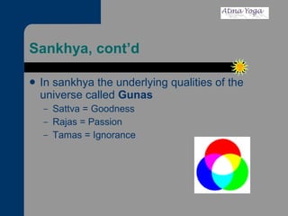 Sankhya, cont’d In sankhya the underlying qualities of the universe called  Gunas Sattva = Goodness Rajas = Passion Tamas = Ignorance 