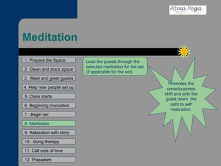 Meditation 1. Prepare the Space 2. Clean and stock space 3.  Meet and greet guests 4. Help new people set up 5. Class starts 6. Beginning invocation 7.  Begin set 9. Relaxation with story 11. Call outs of love 12. Prasadam 10.  Gong therapy 8. Meditation Promotes the consciousness shift and aids the guest down  the path to self realization. Lead the guests through the selected meditation for the set (if applicable for the set) 
