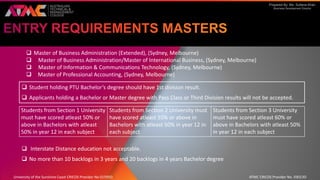 Prepared By: Ms. Sultana Khan
Business Development Director
 Master of Business Administration (Extended), (Sydney, Melbourne)
 Master of Business Administration/Master of International Business, (Sydney, Melbourne)
 Master of Information & Communications Technology, (Sydney, Melbourne)
 Master of Professional Accounting, (Sydney, Melbourne)
 Interstate Distance education not acceptable.
 No more than 10 backlogs in 3 years and 20 backlogs in 4 years Bachelor degree
 Student holding PTU Bachelor’s degree should have 1st division result.
 Applicants holding a Bachelor or Master degree with Pass Class or Third Division results will not be accepted.
Students from Section 1 University
must have scored atleast 50% or
above in Bachelors with atleast
50% in year 12 in each subject
Students from Section 2 University must
have scored atleast 55% or above in
Bachelors with atleast 50% in year 12 in
each subject
Students from Section 3 University
must have scored atleast 60% or
above in Bachelors with atleast 50%
in year 12 in each subject
University of the Sunshine Coast CRICOS Provider No 01595D ATMC CRICOS Provider No. 03013D
 