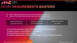 Prepared By: Ms. Sultana Khan
Business Development Director
 Master of Business Administration (Professional Practice), Melbourne
 Master of Professional Accounting (Professional Practice), Melbourne
 No more than 6 backlogs in 3 years and 10 backlogs in 4 years Bachelor degree.
 Applicant holding nursing qualification is not accepted.
 Interstate Distant education is not acceptable.
 Applicant holding Bachelors with second division need to meet direct English Requirement.
Section 1 University:
1st and 2nd division
Section 2 University:
1st and 2nd division
Section 3 University:
1st division
Charles Darwin University CRICOS Provider No. 00300K (NT & VIC) ATMC CRICOS Provider No. 03013D
 