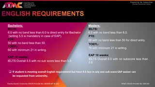 Prepared By: Ms. Sultana Khan
Business Development Director
Bachelors:
IELTS:
6.0 with no band less than 6.0 is direct entry for Bachelor
(writing 5.5 is mandatory in case of EAP).
PTE:
50 with no band less than 50.
TOEFL:
60 with minimum 21 in writing.
EAP 10 weeks:
IELTS Overall 5.5 with no sub score less than 5.5
Masters:
IELTS:
6.5 with no band less than 6.0.
PTE:
58 with no band less than 50 for direct entry.
TOEFL:
79 with minimum 21 in writing.
EAP 10 weeks:
IELTS Overall 6.0 with no subscore less than
5.5
 If student is meeting overall English requirement but have 0.5 less in any one sub-score EAP waiver can
be requested from university.
Charles Darwin University CRICOS Provider No. 00300K (NT & VIC) ATMC CRICOS Provider No. 03013D
 