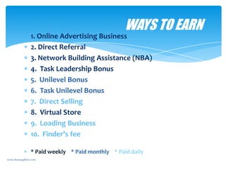 WAYS TO EARN
                1. Online Advertising Business
                2. Direct Referral
                3. Network Building Assistance (NBA)
                4. Task Leadership Bonus
                5. Unilevel Bonus
                6. Task Unilevel Bonus
                7. Direct Selling
                8. Virtual Store
                9. Loading Business
                10. Finder’s fee

                * Paid weekly * Paid monthly * Paid daily
www.themegallery.com
 