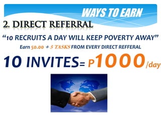WAYS TO EARN

“10 RECRUITS A DAY WILL KEEP POVERTY AWAY”
    Earn 50.00 + 5 TASKS FROM EVERY DIRECT REFFERAL


10 INVITES= P1000                                     /day
 