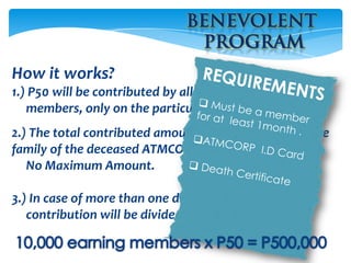 How it works?
1.) P50 will be contributed by all earning
   members, only on the particular week.
2.) The total contributed amount will be donated to the
family of the deceased ATMCORP Member.
   No Maximum Amount.

3.) In case of more than one death, total
   contribution will be divided equally.
 