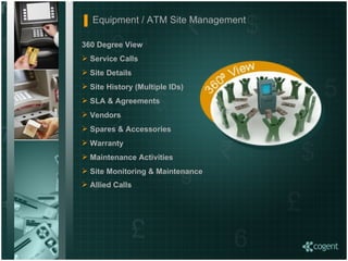 360 Degree View Service Calls Site Details Site History (Multiple IDs) SLA & Agreements Vendors Spares & Accessories Warranty Maintenance Activities  Site Monitoring & Maintenance Allied Calls   Equipment / ATM Site Management  