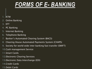 FORMS OF E- BANKING
1. ATM
2. Online Banking
3. EFT
4. PC Banking
5. Internet Banking
6. Telephone Banking
7. Banker’s Automated Clearing System (BACS)
8. Clearing House Automated Payments System (CHAPS)
9. Society for world wide inter banking fast transfer (SWIFT)
10.Cash management Service
11.Smart Cards
12.Electronic Clearing Services
13.Electronic Data Interchange (EDI)
14.Credit Cards
15.Debit Cards
 