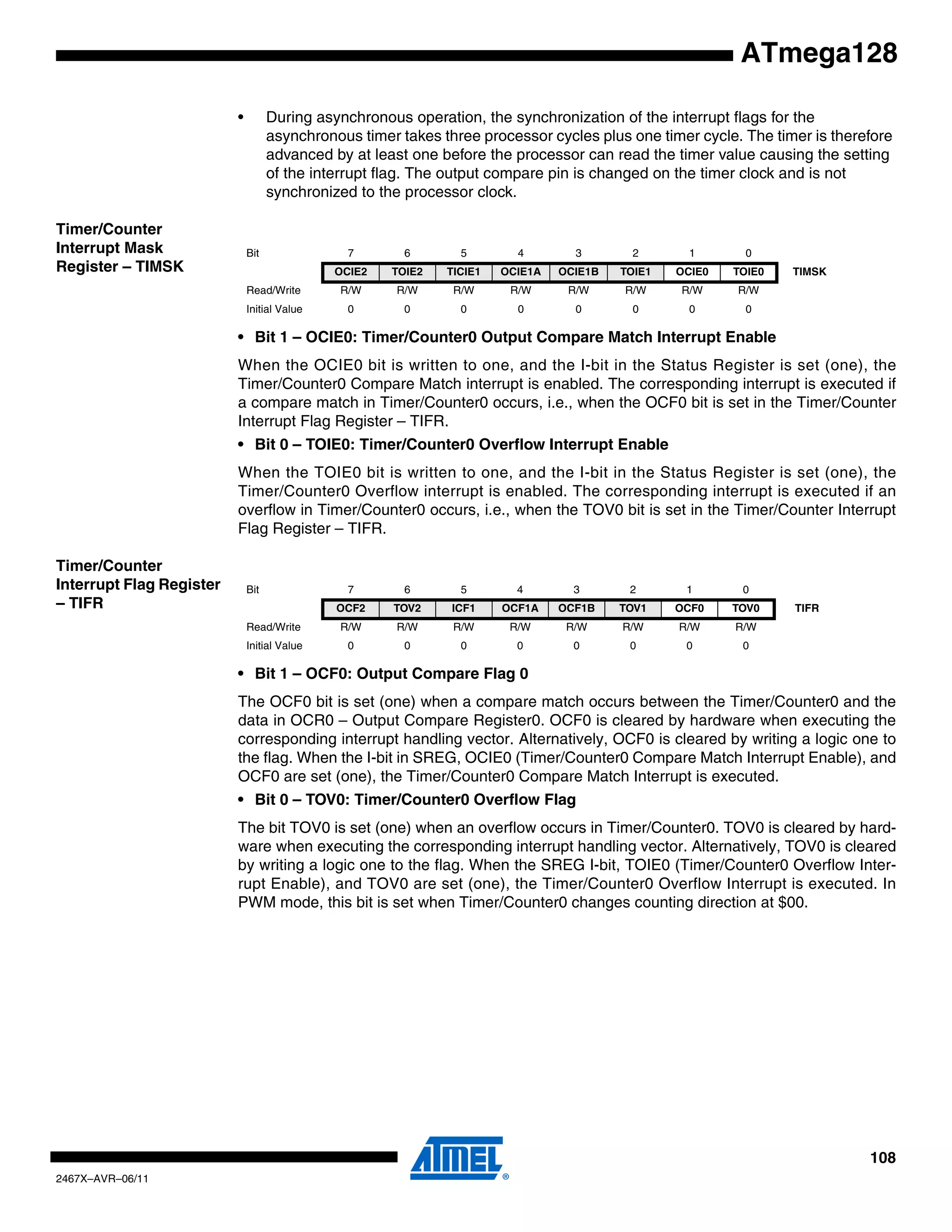 108
2467X–AVR–06/11
ATmega128
• During asynchronous operation, the synchronization of the interrupt flags for the
asynchronous timer takes three processor cycles plus one timer cycle. The timer is therefore
advanced by at least one before the processor can read the timer value causing the setting
of the interrupt flag. The output compare pin is changed on the timer clock and is not
synchronized to the processor clock.
Timer/Counter
Interrupt Mask
Register – TIMSK
• Bit 1 – OCIE0: Timer/Counter0 Output Compare Match Interrupt Enable
When the OCIE0 bit is written to one, and the I-bit in the Status Register is set (one), the
Timer/Counter0 Compare Match interrupt is enabled. The corresponding interrupt is executed if
a compare match in Timer/Counter0 occurs, i.e., when the OCF0 bit is set in the Timer/Counter
Interrupt Flag Register – TIFR.
• Bit 0 – TOIE0: Timer/Counter0 Overflow Interrupt Enable
When the TOIE0 bit is written to one, and the I-bit in the Status Register is set (one), the
Timer/Counter0 Overflow interrupt is enabled. The corresponding interrupt is executed if an
overflow in Timer/Counter0 occurs, i.e., when the TOV0 bit is set in the Timer/Counter Interrupt
Flag Register – TIFR.
Timer/Counter
Interrupt Flag Register
– TIFR
• Bit 1 – OCF0: Output Compare Flag 0
The OCF0 bit is set (one) when a compare match occurs between the Timer/Counter0 and the
data in OCR0 – Output Compare Register0. OCF0 is cleared by hardware when executing the
corresponding interrupt handling vector. Alternatively, OCF0 is cleared by writing a logic one to
the flag. When the I-bit in SREG, OCIE0 (Timer/Counter0 Compare Match Interrupt Enable), and
OCF0 are set (one), the Timer/Counter0 Compare Match Interrupt is executed.
• Bit 0 – TOV0: Timer/Counter0 Overflow Flag
The bit TOV0 is set (one) when an overflow occurs in Timer/Counter0. TOV0 is cleared by hard-
ware when executing the corresponding interrupt handling vector. Alternatively, TOV0 is cleared
by writing a logic one to the flag. When the SREG I-bit, TOIE0 (Timer/Counter0 Overflow Inter-
rupt Enable), and TOV0 are set (one), the Timer/Counter0 Overflow Interrupt is executed. In
PWM mode, this bit is set when Timer/Counter0 changes counting direction at $00.
Bit 7 6 5 4 3 2 1 0
OCIE2 TOIE2 TICIE1 OCIE1A OCIE1B TOIE1 OCIE0 TOIE0 TIMSK
Read/Write R/W R/W R/W R/W R/W R/W R/W R/W
Initial Value 0 0 0 0 0 0 0 0
Bit 7 6 5 4 3 2 1 0
OCF2 TOV2 ICF1 OCF1A OCF1B TOV1 OCF0 TOV0 TIFR
Read/Write R/W R/W R/W R/W R/W R/W R/W R/W
Initial Value 0 0 0 0 0 0 0 0
 