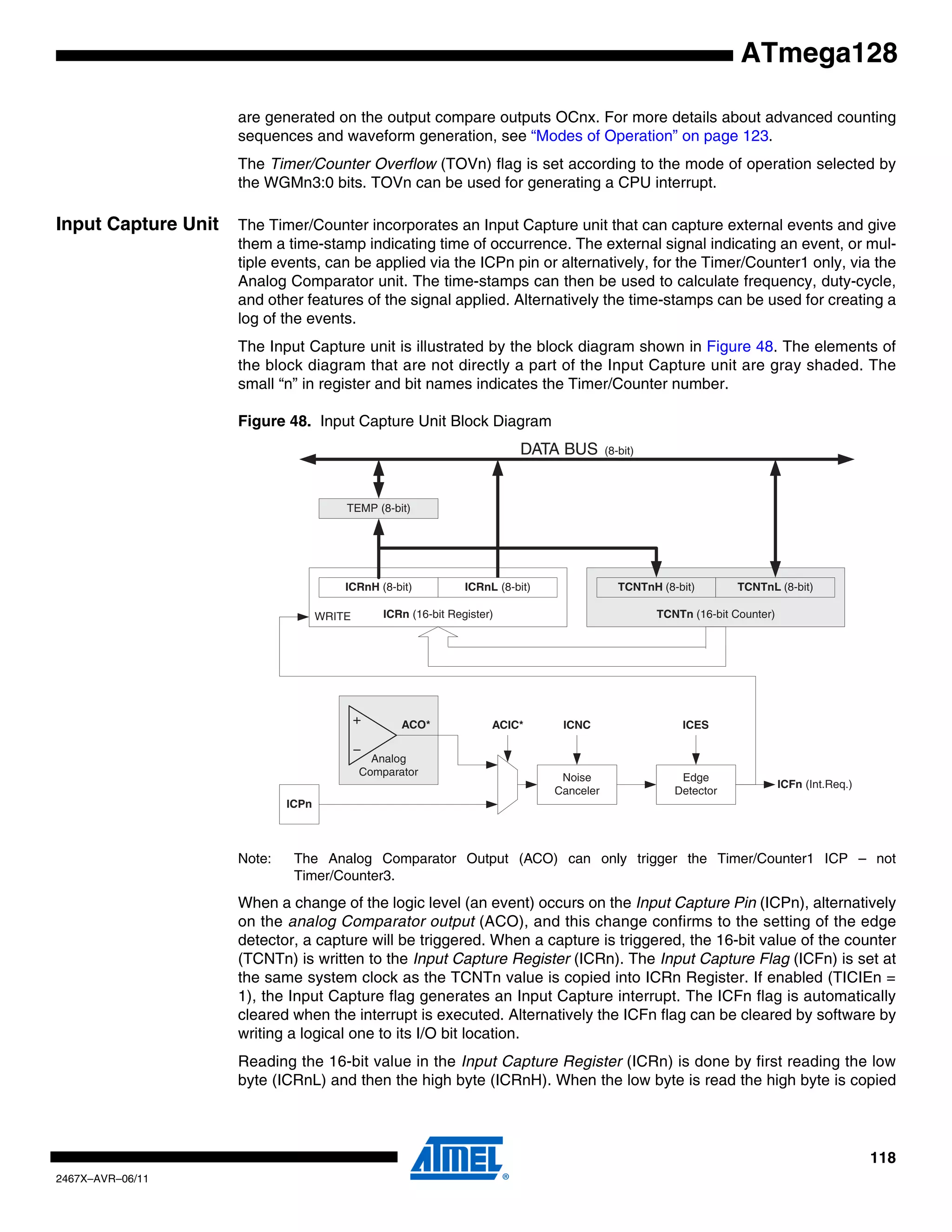 118
2467X–AVR–06/11
ATmega128
are generated on the output compare outputs OCnx. For more details about advanced counting
sequences and waveform generation, see “Modes of Operation” on page 123.
The Timer/Counter Overflow (TOVn) flag is set according to the mode of operation selected by
the WGMn3:0 bits. TOVn can be used for generating a CPU interrupt.
Input Capture Unit The Timer/Counter incorporates an Input Capture unit that can capture external events and give
them a time-stamp indicating time of occurrence. The external signal indicating an event, or mul-
tiple events, can be applied via the ICPn pin or alternatively, for the Timer/Counter1 only, via the
Analog Comparator unit. The time-stamps can then be used to calculate frequency, duty-cycle,
and other features of the signal applied. Alternatively the time-stamps can be used for creating a
log of the events.
The Input Capture unit is illustrated by the block diagram shown in Figure 48. The elements of
the block diagram that are not directly a part of the Input Capture unit are gray shaded. The
small “n” in register and bit names indicates the Timer/Counter number.
Figure 48. Input Capture Unit Block Diagram
Note: The Analog Comparator Output (ACO) can only trigger the Timer/Counter1 ICP – not
Timer/Counter3.
When a change of the logic level (an event) occurs on the Input Capture Pin (ICPn), alternatively
on the analog Comparator output (ACO), and this change confirms to the setting of the edge
detector, a capture will be triggered. When a capture is triggered, the 16-bit value of the counter
(TCNTn) is written to the Input Capture Register (ICRn). The Input Capture Flag (ICFn) is set at
the same system clock as the TCNTn value is copied into ICRn Register. If enabled (TICIEn =
1), the Input Capture flag generates an Input Capture interrupt. The ICFn flag is automatically
cleared when the interrupt is executed. Alternatively the ICFn flag can be cleared by software by
writing a logical one to its I/O bit location.
Reading the 16-bit value in the Input Capture Register (ICRn) is done by first reading the low
byte (ICRnL) and then the high byte (ICRnH). When the low byte is read the high byte is copied
ICFn (Int.Req.)
Analog
Comparator
WRITE ICRn (16-bit Register)
ICRnH (8-bit)
Noise
Canceler
ICPn
Edge
Detector
TEMP (8-bit)
DATA BUS (8-bit)
ICRnL (8-bit)
TCNTn (16-bit Counter)
TCNTnH (8-bit) TCNTnL (8-bit)
ACIC* ICNC ICESACO*
 