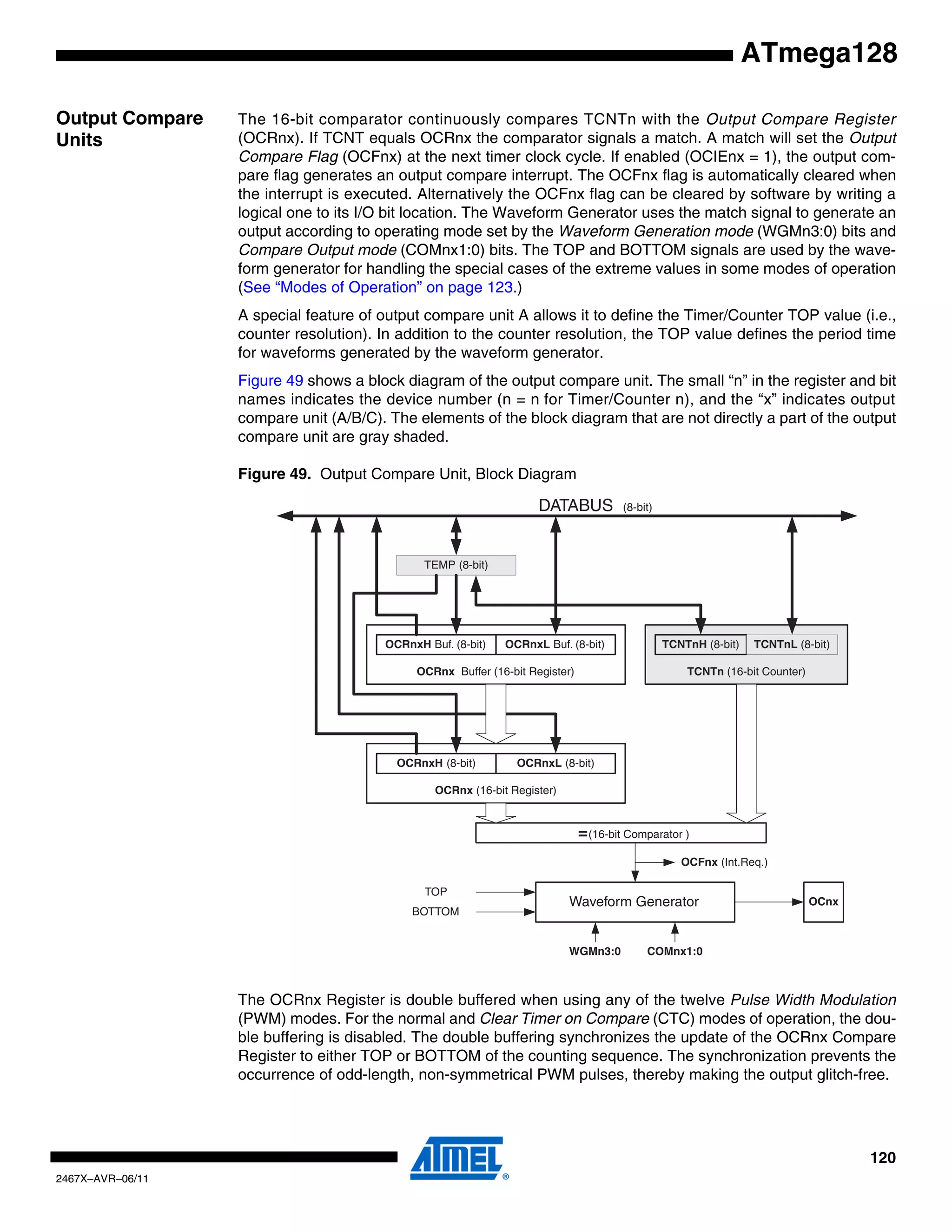 120
2467X–AVR–06/11
ATmega128
Output Compare
Units
The 16-bit comparator continuously compares TCNTn with the Output Compare Register
(OCRnx). If TCNT equals OCRnx the comparator signals a match. A match will set the Output
Compare Flag (OCFnx) at the next timer clock cycle. If enabled (OCIEnx = 1), the output com-
pare flag generates an output compare interrupt. The OCFnx flag is automatically cleared when
the interrupt is executed. Alternatively the OCFnx flag can be cleared by software by writing a
logical one to its I/O bit location. The Waveform Generator uses the match signal to generate an
output according to operating mode set by the Waveform Generation mode (WGMn3:0) bits and
Compare Output mode (COMnx1:0) bits. The TOP and BOTTOM signals are used by the wave-
form generator for handling the special cases of the extreme values in some modes of operation
(See “Modes of Operation” on page 123.)
A special feature of output compare unit A allows it to define the Timer/Counter TOP value (i.e.,
counter resolution). In addition to the counter resolution, the TOP value defines the period time
for waveforms generated by the waveform generator.
Figure 49 shows a block diagram of the output compare unit. The small “n” in the register and bit
names indicates the device number (n = n for Timer/Counter n), and the “x” indicates output
compare unit (A/B/C). The elements of the block diagram that are not directly a part of the output
compare unit are gray shaded.
Figure 49. Output Compare Unit, Block Diagram
The OCRnx Register is double buffered when using any of the twelve Pulse Width Modulation
(PWM) modes. For the normal and Clear Timer on Compare (CTC) modes of operation, the dou-
ble buffering is disabled. The double buffering synchronizes the update of the OCRnx Compare
Register to either TOP or BOTTOM of the counting sequence. The synchronization prevents the
occurrence of odd-length, non-symmetrical PWM pulses, thereby making the output glitch-free.
OCFnx (Int.Req.)
=(16-bit Comparator )
OCRnx Buffer (16-bit Register)
OCRnxH Buf. (8-bit)
OCnx
TEMP (8-bit)
DATABUS (8-bit)
OCRnxL Buf. (8-bit)
TCNTn (16-bit Counter)
TCNTnH (8-bit) TCNTnL (8-bit)
COMnx1:0WGMn3:0
OCRnx (16-bit Register)
OCRnxH (8-bit) OCRnxL (8-bit)
Waveform Generator
TOP
BOTTOM
 