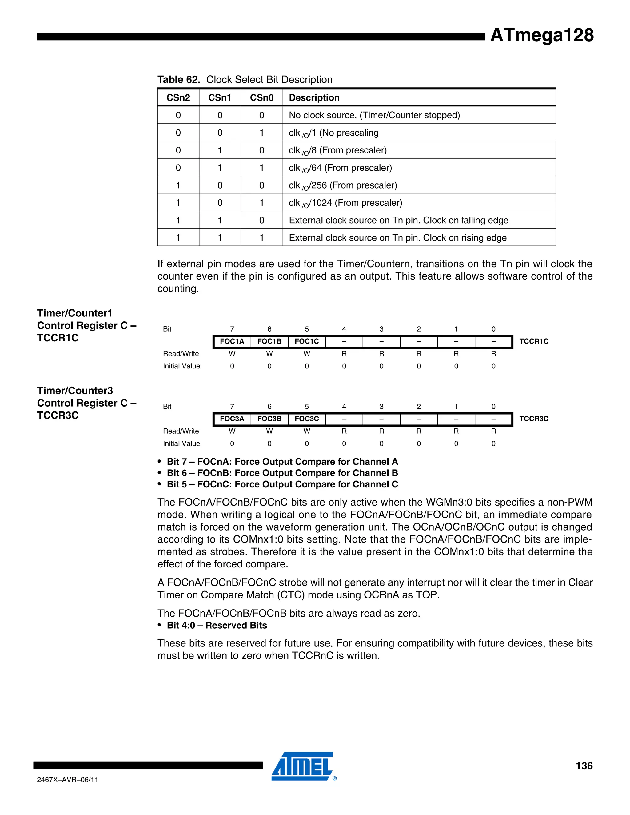 136
2467X–AVR–06/11
ATmega128
If external pin modes are used for the Timer/Countern, transitions on the Tn pin will clock the
counter even if the pin is configured as an output. This feature allows software control of the
counting.
Timer/Counter1
Control Register C –
TCCR1C
Timer/Counter3
Control Register C –
TCCR3C
• Bit 7 – FOCnA: Force Output Compare for Channel A
• Bit 6 – FOCnB: Force Output Compare for Channel B
• Bit 5 – FOCnC: Force Output Compare for Channel C
The FOCnA/FOCnB/FOCnC bits are only active when the WGMn3:0 bits specifies a non-PWM
mode. When writing a logical one to the FOCnA/FOCnB/FOCnC bit, an immediate compare
match is forced on the waveform generation unit. The OCnA/OCnB/OCnC output is changed
according to its COMnx1:0 bits setting. Note that the FOCnA/FOCnB/FOCnC bits are imple-
mented as strobes. Therefore it is the value present in the COMnx1:0 bits that determine the
effect of the forced compare.
A FOCnA/FOCnB/FOCnC strobe will not generate any interrupt nor will it clear the timer in Clear
Timer on Compare Match (CTC) mode using OCRnA as TOP.
The FOCnA/FOCnB/FOCnB bits are always read as zero.
• Bit 4:0 – Reserved Bits
These bits are reserved for future use. For ensuring compatibility with future devices, these bits
must be written to zero when TCCRnC is written.
Table 62. Clock Select Bit Description
CSn2 CSn1 CSn0 Description
0 0 0 No clock source. (Timer/Counter stopped)
0 0 1 clkI/O/1 (No prescaling
0 1 0 clkI/O/8 (From prescaler)
0 1 1 clkI/O/64 (From prescaler)
1 0 0 clkI/O/256 (From prescaler)
1 0 1 clkI/O/1024 (From prescaler)
1 1 0 External clock source on Tn pin. Clock on falling edge
1 1 1 External clock source on Tn pin. Clock on rising edge
Bit 7 6 5 4 3 2 1 0
FOC1A FOC1B FOC1C – – – – – TCCR1C
Read/Write W W W R R R R R
Initial Value 0 0 0 0 0 0 0 0
Bit 7 6 5 4 3 2 1 0
FOC3A FOC3B FOC3C – – – – – TCCR3C
Read/Write W W W R R R R R
Initial Value 0 0 0 0 0 0 0 0
 