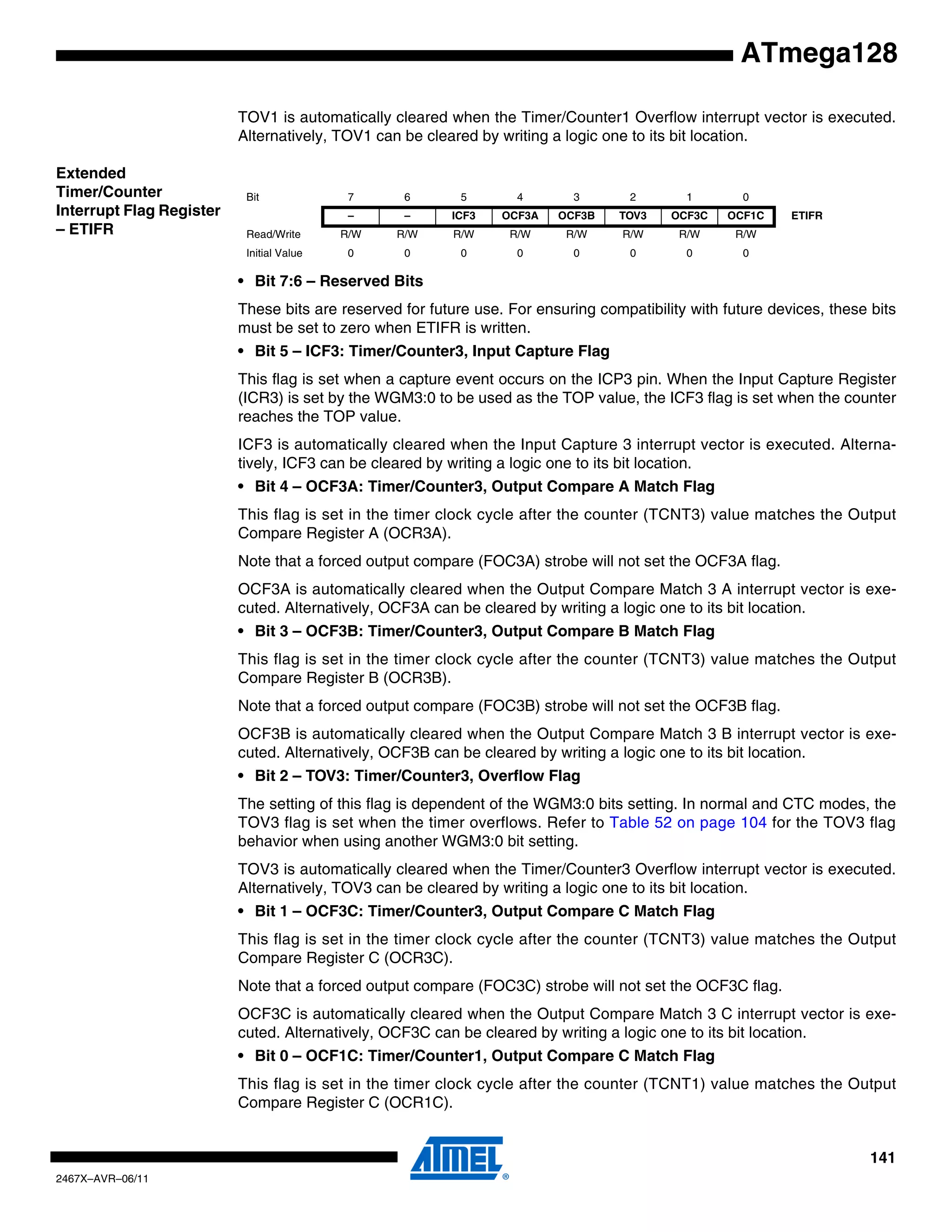 141
2467X–AVR–06/11
ATmega128
TOV1 is automatically cleared when the Timer/Counter1 Overflow interrupt vector is executed.
Alternatively, TOV1 can be cleared by writing a logic one to its bit location.
Extended
Timer/Counter
Interrupt Flag Register
– ETIFR
• Bit 7:6 – Reserved Bits
These bits are reserved for future use. For ensuring compatibility with future devices, these bits
must be set to zero when ETIFR is written.
• Bit 5 – ICF3: Timer/Counter3, Input Capture Flag
This flag is set when a capture event occurs on the ICP3 pin. When the Input Capture Register
(ICR3) is set by the WGM3:0 to be used as the TOP value, the ICF3 flag is set when the counter
reaches the TOP value.
ICF3 is automatically cleared when the Input Capture 3 interrupt vector is executed. Alterna-
tively, ICF3 can be cleared by writing a logic one to its bit location.
• Bit 4 – OCF3A: Timer/Counter3, Output Compare A Match Flag
This flag is set in the timer clock cycle after the counter (TCNT3) value matches the Output
Compare Register A (OCR3A).
Note that a forced output compare (FOC3A) strobe will not set the OCF3A flag.
OCF3A is automatically cleared when the Output Compare Match 3 A interrupt vector is exe-
cuted. Alternatively, OCF3A can be cleared by writing a logic one to its bit location.
• Bit 3 – OCF3B: Timer/Counter3, Output Compare B Match Flag
This flag is set in the timer clock cycle after the counter (TCNT3) value matches the Output
Compare Register B (OCR3B).
Note that a forced output compare (FOC3B) strobe will not set the OCF3B flag.
OCF3B is automatically cleared when the Output Compare Match 3 B interrupt vector is exe-
cuted. Alternatively, OCF3B can be cleared by writing a logic one to its bit location.
• Bit 2 – TOV3: Timer/Counter3, Overflow Flag
The setting of this flag is dependent of the WGM3:0 bits setting. In normal and CTC modes, the
TOV3 flag is set when the timer overflows. Refer to Table 52 on page 104 for the TOV3 flag
behavior when using another WGM3:0 bit setting.
TOV3 is automatically cleared when the Timer/Counter3 Overflow interrupt vector is executed.
Alternatively, TOV3 can be cleared by writing a logic one to its bit location.
• Bit 1 – OCF3C: Timer/Counter3, Output Compare C Match Flag
This flag is set in the timer clock cycle after the counter (TCNT3) value matches the Output
Compare Register C (OCR3C).
Note that a forced output compare (FOC3C) strobe will not set the OCF3C flag.
OCF3C is automatically cleared when the Output Compare Match 3 C interrupt vector is exe-
cuted. Alternatively, OCF3C can be cleared by writing a logic one to its bit location.
• Bit 0 – OCF1C: Timer/Counter1, Output Compare C Match Flag
This flag is set in the timer clock cycle after the counter (TCNT1) value matches the Output
Compare Register C (OCR1C).
Bit 7 6 5 4 3 2 1 0
– – ICF3 OCF3A OCF3B TOV3 OCF3C OCF1C ETIFR
Read/Write R/W R/W R/W R/W R/W R/W R/W R/W
Initial Value 0 0 0 0 0 0 0 0
 