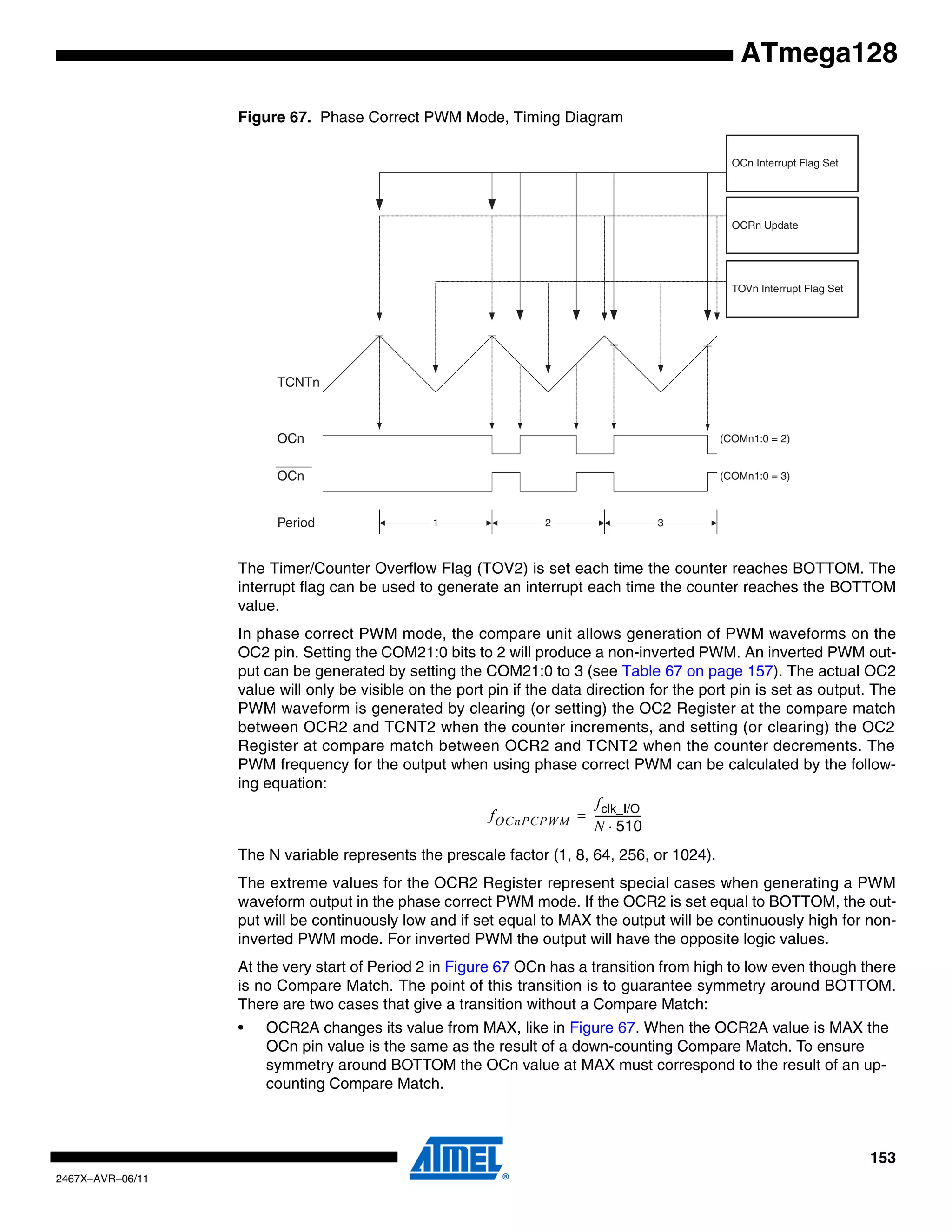 153
2467X–AVR–06/11
ATmega128
Figure 67. Phase Correct PWM Mode, Timing Diagram
The Timer/Counter Overflow Flag (TOV2) is set each time the counter reaches BOTTOM. The
interrupt flag can be used to generate an interrupt each time the counter reaches the BOTTOM
value.
In phase correct PWM mode, the compare unit allows generation of PWM waveforms on the
OC2 pin. Setting the COM21:0 bits to 2 will produce a non-inverted PWM. An inverted PWM out-
put can be generated by setting the COM21:0 to 3 (see Table 67 on page 157). The actual OC2
value will only be visible on the port pin if the data direction for the port pin is set as output. The
PWM waveform is generated by clearing (or setting) the OC2 Register at the compare match
between OCR2 and TCNT2 when the counter increments, and setting (or clearing) the OC2
Register at compare match between OCR2 and TCNT2 when the counter decrements. The
PWM frequency for the output when using phase correct PWM can be calculated by the follow-
ing equation:
The N variable represents the prescale factor (1, 8, 64, 256, or 1024).
The extreme values for the OCR2 Register represent special cases when generating a PWM
waveform output in the phase correct PWM mode. If the OCR2 is set equal to BOTTOM, the out-
put will be continuously low and if set equal to MAX the output will be continuously high for non-
inverted PWM mode. For inverted PWM the output will have the opposite logic values.
At the very start of Period 2 in Figure 67 OCn has a transition from high to low even though there
is no Compare Match. The point of this transition is to guarantee symmetry around BOTTOM.
There are two cases that give a transition without a Compare Match:
• OCR2A changes its value from MAX, like in Figure 67. When the OCR2A value is MAX the
OCn pin value is the same as the result of a down-counting Compare Match. To ensure
symmetry around BOTTOM the OCn value at MAX must correspond to the result of an up-
counting Compare Match.
TOVn Interrupt Flag Set
OCn Interrupt Flag Set
1 2 3
TCNTn
Period
OCn
OCn
(COMn1:0 = 2)
(COMn1:0 = 3)
OCRn Update
fOCnPCPWM
fclk_I/O
N 510⋅
------------------=
 