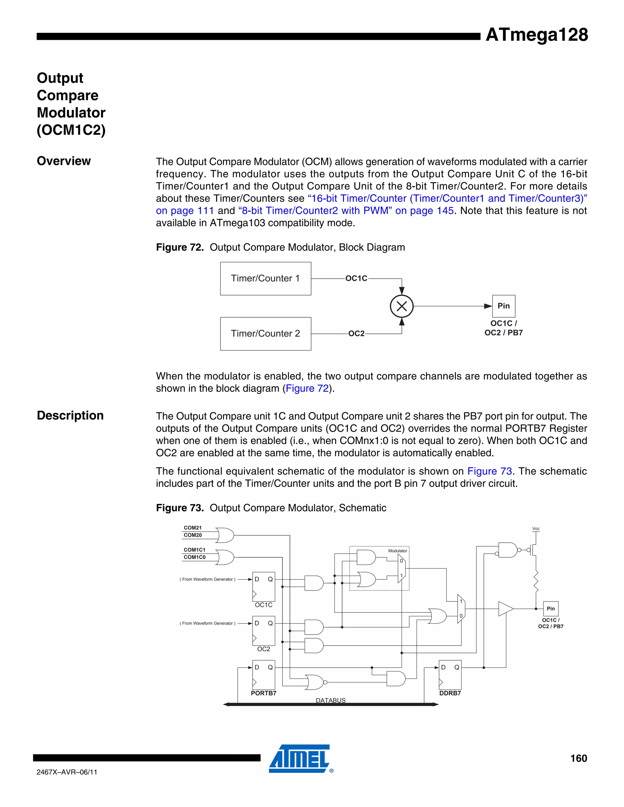160
2467X–AVR–06/11
ATmega128
Output
Compare
Modulator
(OCM1C2)
Overview The Output Compare Modulator (OCM) allows generation of waveforms modulated with a carrier
frequency. The modulator uses the outputs from the Output Compare Unit C of the 16-bit
Timer/Counter1 and the Output Compare Unit of the 8-bit Timer/Counter2. For more details
about these Timer/Counters see “16-bit Timer/Counter (Timer/Counter1 and Timer/Counter3)”
on page 111 and “8-bit Timer/Counter2 with PWM” on page 145. Note that this feature is not
available in ATmega103 compatibility mode.
Figure 72. Output Compare Modulator, Block Diagram
When the modulator is enabled, the two output compare channels are modulated together as
shown in the block diagram (Figure 72).
Description The Output Compare unit 1C and Output Compare unit 2 shares the PB7 port pin for output. The
outputs of the Output Compare units (OC1C and OC2) overrides the normal PORTB7 Register
when one of them is enabled (i.e., when COMnx1:0 is not equal to zero). When both OC1C and
OC2 are enabled at the same time, the modulator is automatically enabled.
The functional equivalent schematic of the modulator is shown on Figure 73. The schematic
includes part of the Timer/Counter units and the port B pin 7 output driver circuit.
Figure 73. Output Compare Modulator, Schematic
OC1C
Pin
OC1C /
OC2 / PB7
Timer/Counter 1
Timer/Counter 2 OC2
PORTB7 DDRB7
D QD Q
Pin
COM21
COM20
DATABUS
OC1C /
OC2 / PB7
COM1C1
COM1C0
Modulator
1
0
OC1C
D Q
OC2
D Q
( From Waveform Generator )
( From Waveform Generator )
0
1
Vcc
 
