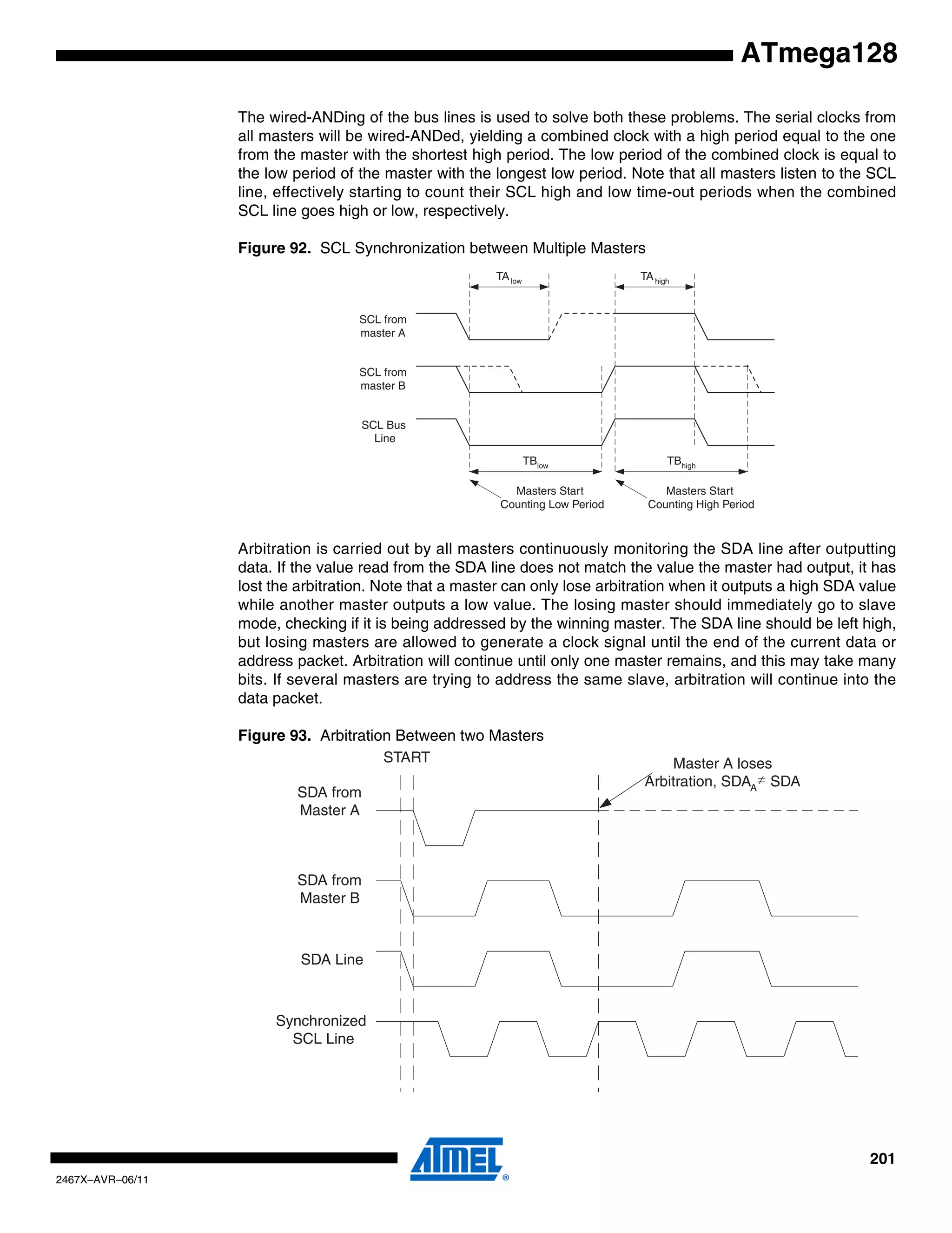 201
2467X–AVR–06/11
ATmega128
The wired-ANDing of the bus lines is used to solve both these problems. The serial clocks from
all masters will be wired-ANDed, yielding a combined clock with a high period equal to the one
from the master with the shortest high period. The low period of the combined clock is equal to
the low period of the master with the longest low period. Note that all masters listen to the SCL
line, effectively starting to count their SCL high and low time-out periods when the combined
SCL line goes high or low, respectively.
Figure 92. SCL Synchronization between Multiple Masters
Arbitration is carried out by all masters continuously monitoring the SDA line after outputting
data. If the value read from the SDA line does not match the value the master had output, it has
lost the arbitration. Note that a master can only lose arbitration when it outputs a high SDA value
while another master outputs a low value. The losing master should immediately go to slave
mode, checking if it is being addressed by the winning master. The SDA line should be left high,
but losing masters are allowed to generate a clock signal until the end of the current data or
address packet. Arbitration will continue until only one master remains, and this may take many
bits. If several masters are trying to address the same slave, arbitration will continue into the
data packet.
Figure 93. Arbitration Between two Masters
TAlow TAhigh
SCL from
master A
SCL from
master B
SCL Bus
Line
TBlow TBhigh
Masters Start
Counting Low Period
Masters Start
Counting High Period
SDA from
Master A
SDA from
Master B
SDA Line
Synchronized
SCL Line
START Master A loses
Arbitration, SDAA SDA
 