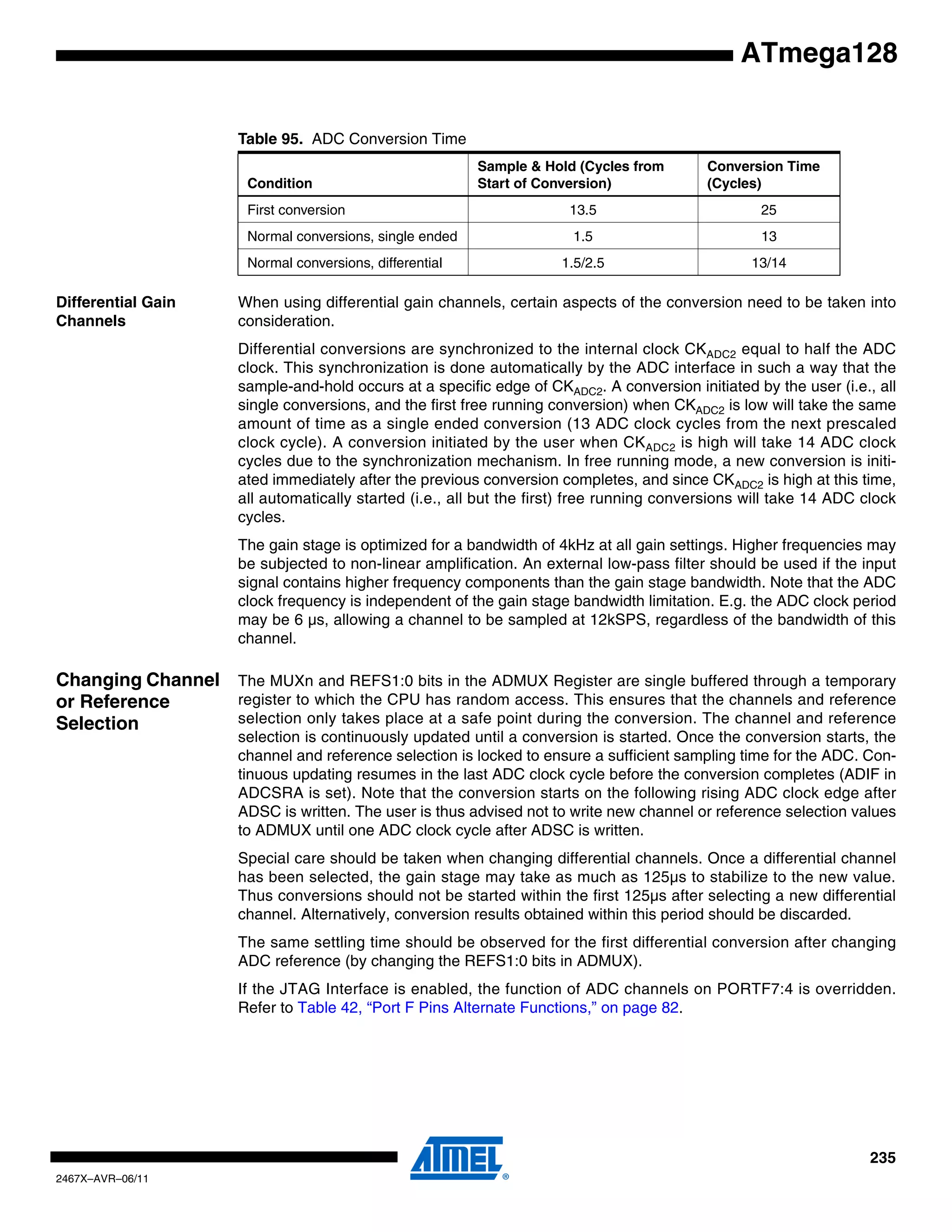 235
2467X–AVR–06/11
ATmega128
Differential Gain
Channels
When using differential gain channels, certain aspects of the conversion need to be taken into
consideration.
Differential conversions are synchronized to the internal clock CKADC2 equal to half the ADC
clock. This synchronization is done automatically by the ADC interface in such a way that the
sample-and-hold occurs at a specific edge of CKADC2. A conversion initiated by the user (i.e., all
single conversions, and the first free running conversion) when CKADC2 is low will take the same
amount of time as a single ended conversion (13 ADC clock cycles from the next prescaled
clock cycle). A conversion initiated by the user when CKADC2 is high will take 14 ADC clock
cycles due to the synchronization mechanism. In free running mode, a new conversion is initi-
ated immediately after the previous conversion completes, and since CKADC2 is high at this time,
all automatically started (i.e., all but the first) free running conversions will take 14 ADC clock
cycles.
The gain stage is optimized for a bandwidth of 4kHz at all gain settings. Higher frequencies may
be subjected to non-linear amplification. An external low-pass filter should be used if the input
signal contains higher frequency components than the gain stage bandwidth. Note that the ADC
clock frequency is independent of the gain stage bandwidth limitation. E.g. the ADC clock period
may be 6 µs, allowing a channel to be sampled at 12kSPS, regardless of the bandwidth of this
channel.
Changing Channel
or Reference
Selection
The MUXn and REFS1:0 bits in the ADMUX Register are single buffered through a temporary
register to which the CPU has random access. This ensures that the channels and reference
selection only takes place at a safe point during the conversion. The channel and reference
selection is continuously updated until a conversion is started. Once the conversion starts, the
channel and reference selection is locked to ensure a sufficient sampling time for the ADC. Con-
tinuous updating resumes in the last ADC clock cycle before the conversion completes (ADIF in
ADCSRA is set). Note that the conversion starts on the following rising ADC clock edge after
ADSC is written. The user is thus advised not to write new channel or reference selection values
to ADMUX until one ADC clock cycle after ADSC is written.
Special care should be taken when changing differential channels. Once a differential channel
has been selected, the gain stage may take as much as 125µs to stabilize to the new value.
Thus conversions should not be started within the first 125µs after selecting a new differential
channel. Alternatively, conversion results obtained within this period should be discarded.
The same settling time should be observed for the first differential conversion after changing
ADC reference (by changing the REFS1:0 bits in ADMUX).
If the JTAG Interface is enabled, the function of ADC channels on PORTF7:4 is overridden.
Refer to Table 42, “Port F Pins Alternate Functions,” on page 82.
Table 95. ADC Conversion Time
Condition
Sample & Hold (Cycles from
Start of Conversion)
Conversion Time
(Cycles)
First conversion 13.5 25
Normal conversions, single ended 1.5 13
Normal conversions, differential 1.5/2.5 13/14
 