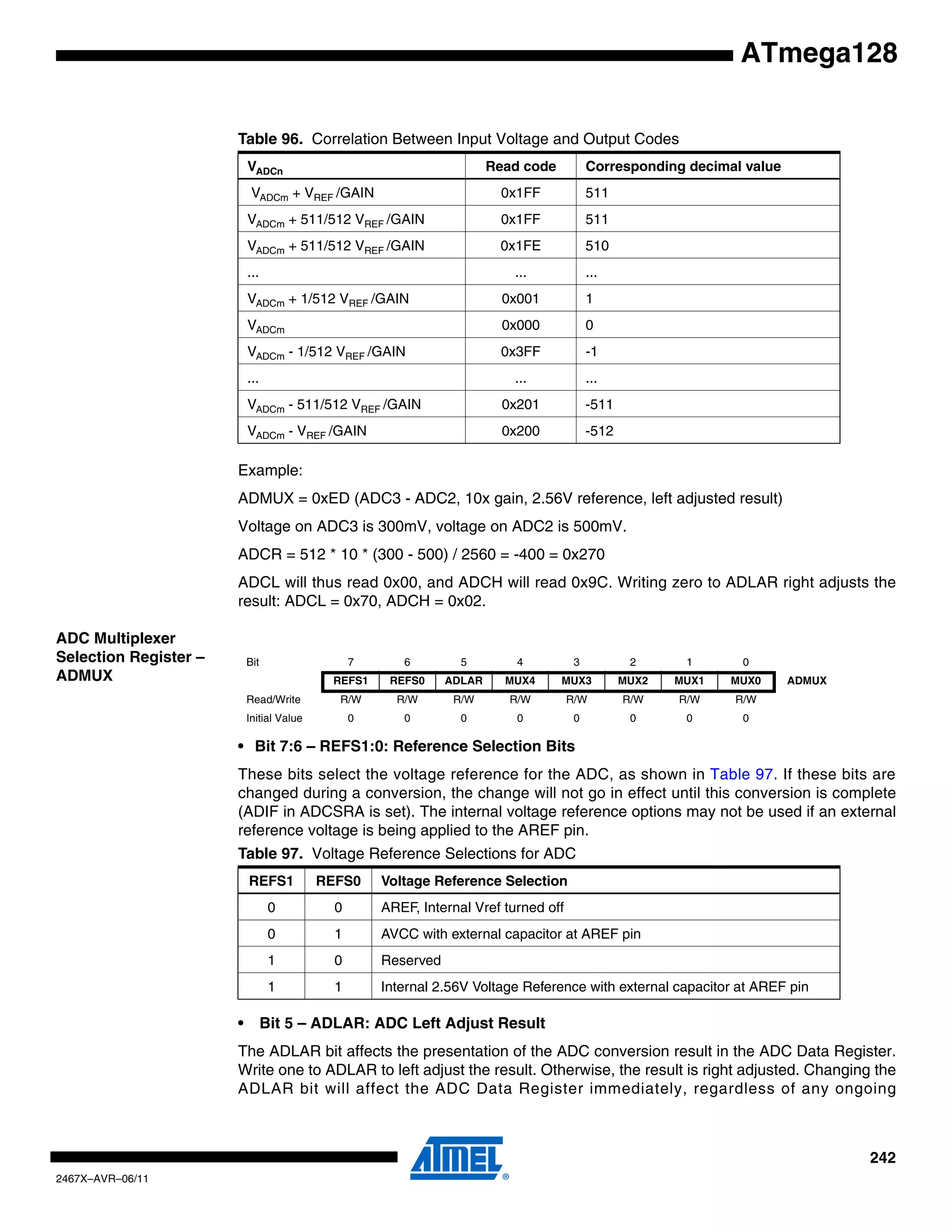 242
2467X–AVR–06/11
ATmega128
Example:
ADMUX = 0xED (ADC3 - ADC2, 10x gain, 2.56V reference, left adjusted result)
Voltage on ADC3 is 300mV, voltage on ADC2 is 500mV.
ADCR = 512 * 10 * (300 - 500) / 2560 = -400 = 0x270
ADCL will thus read 0x00, and ADCH will read 0x9C. Writing zero to ADLAR right adjusts the
result: ADCL = 0x70, ADCH = 0x02.
ADC Multiplexer
Selection Register –
ADMUX
• Bit 7:6 – REFS1:0: Reference Selection Bits
These bits select the voltage reference for the ADC, as shown in Table 97. If these bits are
changed during a conversion, the change will not go in effect until this conversion is complete
(ADIF in ADCSRA is set). The internal voltage reference options may not be used if an external
reference voltage is being applied to the AREF pin.
• Bit 5 – ADLAR: ADC Left Adjust Result
The ADLAR bit affects the presentation of the ADC conversion result in the ADC Data Register.
Write one to ADLAR to left adjust the result. Otherwise, the result is right adjusted. Changing the
ADLAR bit will affect the ADC Data Register immediately, regardless of any ongoing
Table 96. Correlation Between Input Voltage and Output Codes
VADCn Read code Corresponding decimal value
VADCm + VREF /GAIN 0x1FF 511
VADCm + 511/512 VREF /GAIN 0x1FF 511
VADCm + 511/512 VREF /GAIN 0x1FE 510
... ... ...
VADCm + 1/512 VREF /GAIN 0x001 1
VADCm 0x000 0
VADCm - 1/512 VREF /GAIN 0x3FF -1
... ... ...
VADCm - 511/512 VREF /GAIN 0x201 -511
VADCm - VREF /GAIN 0x200 -512
Bit 7 6 5 4 3 2 1 0
REFS1 REFS0 ADLAR MUX4 MUX3 MUX2 MUX1 MUX0 ADMUX
Read/Write R/W R/W R/W R/W R/W R/W R/W R/W
Initial Value 0 0 0 0 0 0 0 0
Table 97. Voltage Reference Selections for ADC
REFS1 REFS0 Voltage Reference Selection
0 0 AREF, Internal Vref turned off
0 1 AVCC with external capacitor at AREF pin
1 0 Reserved
1 1 Internal 2.56V Voltage Reference with external capacitor at AREF pin
 