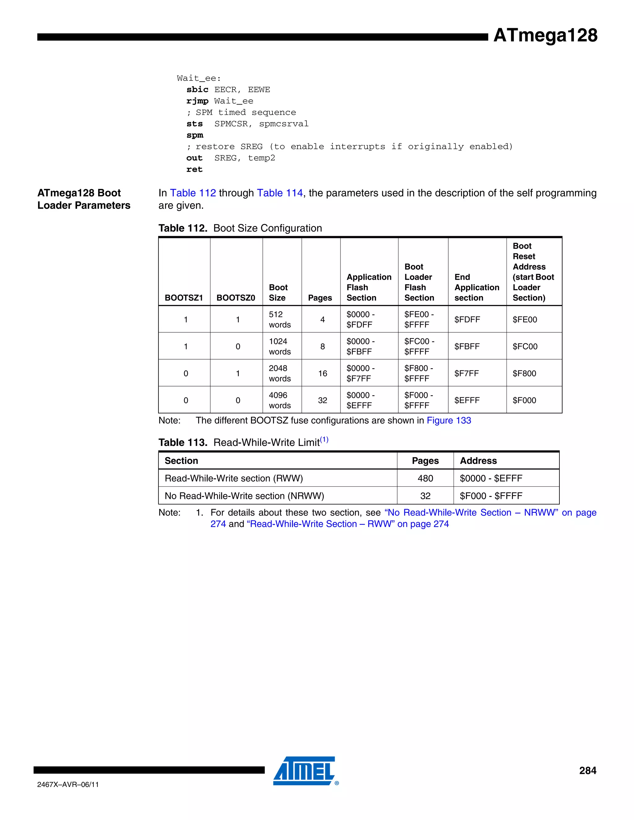 284
2467X–AVR–06/11
ATmega128
Wait_ee:
sbic EECR, EEWE
rjmp Wait_ee
; SPM timed sequence
sts SPMCSR, spmcsrval
spm
; restore SREG (to enable interrupts if originally enabled)
out SREG, temp2
ret
ATmega128 Boot
Loader Parameters
In Table 112 through Table 114, the parameters used in the description of the self programming
are given.
Note: The different BOOTSZ fuse configurations are shown in Figure 133
Note: 1. For details about these two section, see “No Read-While-Write Section – NRWW” on page
274 and “Read-While-Write Section – RWW” on page 274
Table 112. Boot Size Configuration
BOOTSZ1 BOOTSZ0
Boot
Size Pages
Application
Flash
Section
Boot
Loader
Flash
Section
End
Application
section
Boot
Reset
Address
(start Boot
Loader
Section)
1 1
512
words
4
$0000 -
$FDFF
$FE00 -
$FFFF
$FDFF $FE00
1 0
1024
words
8
$0000 -
$FBFF
$FC00 -
$FFFF
$FBFF $FC00
0 1
2048
words
16
$0000 -
$F7FF
$F800 -
$FFFF
$F7FF $F800
0 0
4096
words
32
$0000 -
$EFFF
$F000 -
$FFFF
$EFFF $F000
Table 113. Read-While-Write Limit(1)
Section Pages Address
Read-While-Write section (RWW) 480 $0000 - $EFFF
No Read-While-Write section (NRWW) 32 $F000 - $FFFF
 