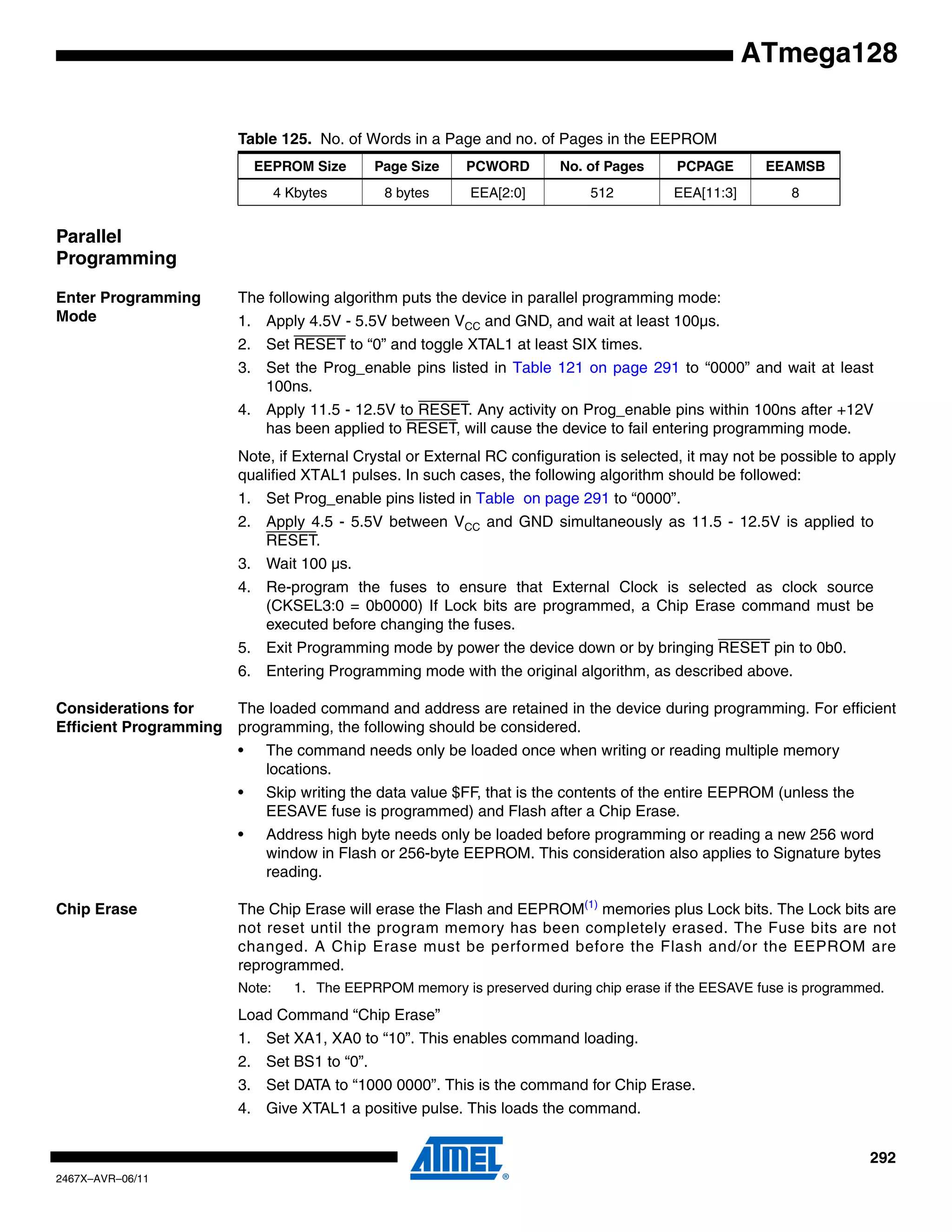 292
2467X–AVR–06/11
ATmega128
Parallel
Programming
Enter Programming
Mode
The following algorithm puts the device in parallel programming mode:
1. Apply 4.5V - 5.5V between VCC and GND, and wait at least 100µs.
2. Set RESET to “0” and toggle XTAL1 at least SIX times.
3. Set the Prog_enable pins listed in Table 121 on page 291 to “0000” and wait at least
100ns.
4. Apply 11.5 - 12.5V to RESET. Any activity on Prog_enable pins within 100ns after +12V
has been applied to RESET, will cause the device to fail entering programming mode.
Note, if External Crystal or External RC configuration is selected, it may not be possible to apply
qualified XTAL1 pulses. In such cases, the following algorithm should be followed:
1. Set Prog_enable pins listed in Table on page 291 to “0000”.
2. Apply 4.5 - 5.5V between VCC and GND simultaneously as 11.5 - 12.5V is applied to
RESET.
3. Wait 100 µs.
4. Re-program the fuses to ensure that External Clock is selected as clock source
(CKSEL3:0 = 0b0000) If Lock bits are programmed, a Chip Erase command must be
executed before changing the fuses.
5. Exit Programming mode by power the device down or by bringing RESET pin to 0b0.
6. Entering Programming mode with the original algorithm, as described above.
Considerations for
Efficient Programming
The loaded command and address are retained in the device during programming. For efficient
programming, the following should be considered.
• The command needs only be loaded once when writing or reading multiple memory
locations.
• Skip writing the data value $FF, that is the contents of the entire EEPROM (unless the
EESAVE fuse is programmed) and Flash after a Chip Erase.
• Address high byte needs only be loaded before programming or reading a new 256 word
window in Flash or 256-byte EEPROM. This consideration also applies to Signature bytes
reading.
Chip Erase The Chip Erase will erase the Flash and EEPROM(1)
memories plus Lock bits. The Lock bits are
not reset until the program memory has been completely erased. The Fuse bits are not
changed. A Chip Erase must be performed before the Flash and/or the EEPROM are
reprogrammed.
Note: 1. The EEPRPOM memory is preserved during chip erase if the EESAVE fuse is programmed.
Load Command “Chip Erase”
1. Set XA1, XA0 to “10”. This enables command loading.
2. Set BS1 to “0”.
3. Set DATA to “1000 0000”. This is the command for Chip Erase.
4. Give XTAL1 a positive pulse. This loads the command.
Table 125. No. of Words in a Page and no. of Pages in the EEPROM
EEPROM Size Page Size PCWORD No. of Pages PCPAGE EEAMSB
4 Kbytes 8 bytes EEA[2:0] 512 EEA[11:3] 8
 