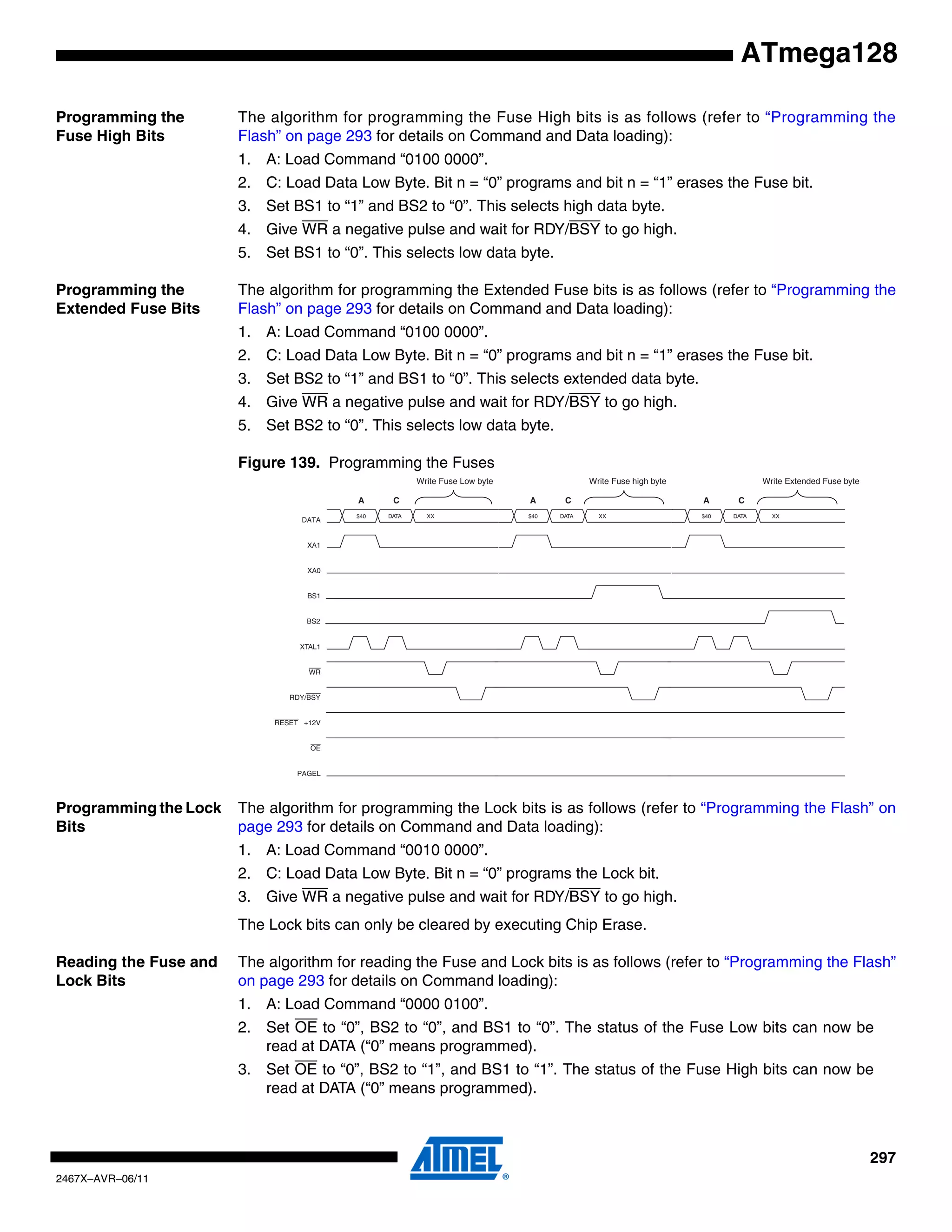297
2467X–AVR–06/11
ATmega128
Programming the
Fuse High Bits
The algorithm for programming the Fuse High bits is as follows (refer to “Programming the
Flash” on page 293 for details on Command and Data loading):
1. A: Load Command “0100 0000”.
2. C: Load Data Low Byte. Bit n = “0” programs and bit n = “1” erases the Fuse bit.
3. Set BS1 to “1” and BS2 to “0”. This selects high data byte.
4. Give WR a negative pulse and wait for RDY/BSY to go high.
5. Set BS1 to “0”. This selects low data byte.
Programming the
Extended Fuse Bits
The algorithm for programming the Extended Fuse bits is as follows (refer to “Programming the
Flash” on page 293 for details on Command and Data loading):
1. A: Load Command “0100 0000”.
2. C: Load Data Low Byte. Bit n = “0” programs and bit n = “1” erases the Fuse bit.
3. Set BS2 to “1” and BS1 to “0”. This selects extended data byte.
4. Give WR a negative pulse and wait for RDY/BSY to go high.
5. Set BS2 to “0”. This selects low data byte.
Figure 139. Programming the Fuses
Programming the Lock
Bits
The algorithm for programming the Lock bits is as follows (refer to “Programming the Flash” on
page 293 for details on Command and Data loading):
1. A: Load Command “0010 0000”.
2. C: Load Data Low Byte. Bit n = “0” programs the Lock bit.
3. Give WR a negative pulse and wait for RDY/BSY to go high.
The Lock bits can only be cleared by executing Chip Erase.
Reading the Fuse and
Lock Bits
The algorithm for reading the Fuse and Lock bits is as follows (refer to “Programming the Flash”
on page 293 for details on Command loading):
1. A: Load Command “0000 0100”.
2. Set OE to “0”, BS2 to “0”, and BS1 to “0”. The status of the Fuse Low bits can now be
read at DATA (“0” means programmed).
3. Set OE to “0”, BS2 to “1”, and BS1 to “1”. The status of the Fuse High bits can now be
read at DATA (“0” means programmed).
RDY/BSY
WR
OE
RESET +12V
PAGEL
$40
DATA
DATA XX
XA1
XA0
BS1
XTAL1
A C
$40 DATA XX
A C
Write Fuse Low byte Write Fuse high byte
$40 DATA XX
A C
Write Extended Fuse byte
BS2
 