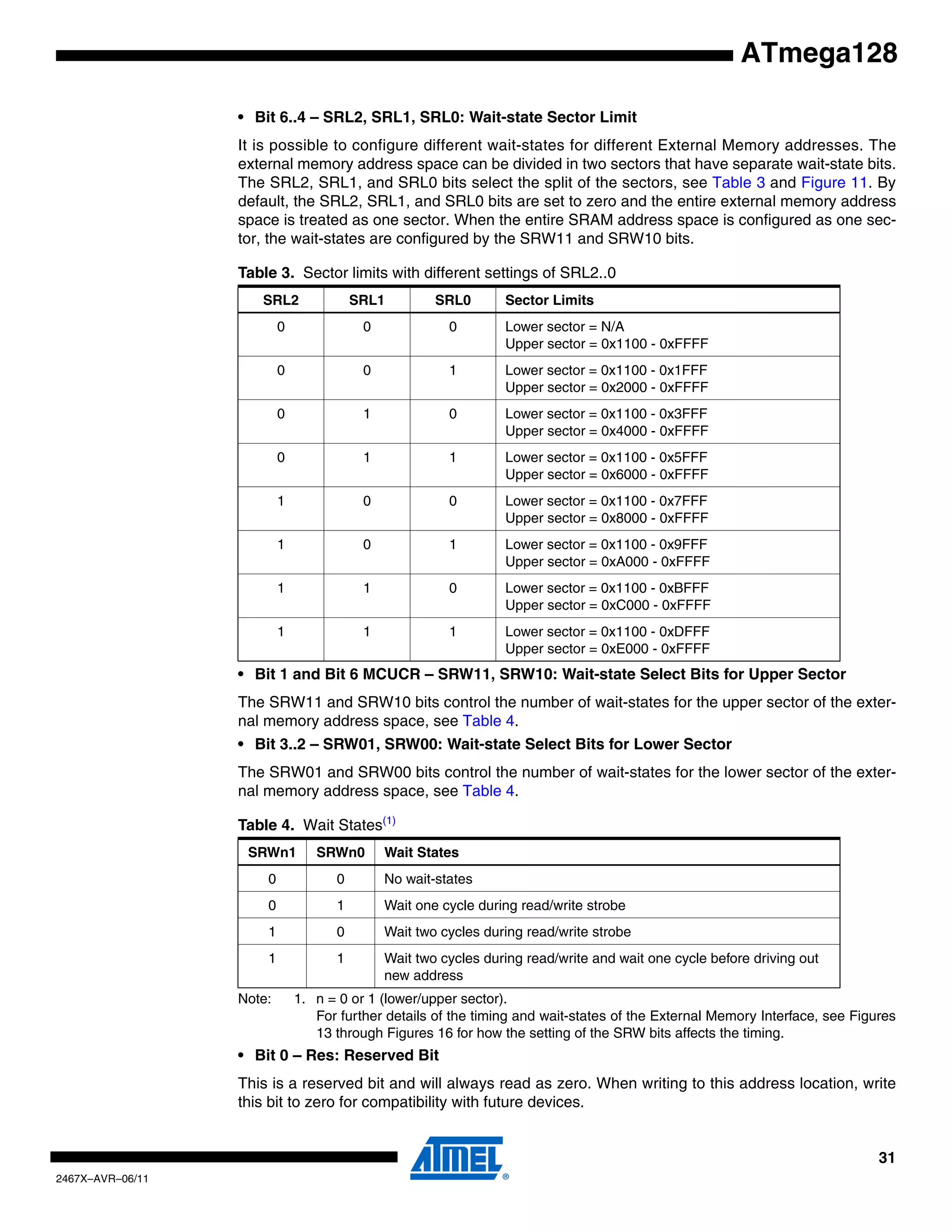 31
2467X–AVR–06/11
ATmega128
• Bit 6..4 – SRL2, SRL1, SRL0: Wait-state Sector Limit
It is possible to configure different wait-states for different External Memory addresses. The
external memory address space can be divided in two sectors that have separate wait-state bits.
The SRL2, SRL1, and SRL0 bits select the split of the sectors, see Table 3 and Figure 11. By
default, the SRL2, SRL1, and SRL0 bits are set to zero and the entire external memory address
space is treated as one sector. When the entire SRAM address space is configured as one sec-
tor, the wait-states are configured by the SRW11 and SRW10 bits.
• Bit 1 and Bit 6 MCUCR – SRW11, SRW10: Wait-state Select Bits for Upper Sector
The SRW11 and SRW10 bits control the number of wait-states for the upper sector of the exter-
nal memory address space, see Table 4.
• Bit 3..2 – SRW01, SRW00: Wait-state Select Bits for Lower Sector
The SRW01 and SRW00 bits control the number of wait-states for the lower sector of the exter-
nal memory address space, see Table 4.
Note: 1. n = 0 or 1 (lower/upper sector).
For further details of the timing and wait-states of the External Memory Interface, see Figures
13 through Figures 16 for how the setting of the SRW bits affects the timing.
• Bit 0 – Res: Reserved Bit
This is a reserved bit and will always read as zero. When writing to this address location, write
this bit to zero for compatibility with future devices.
Table 3. Sector limits with different settings of SRL2..0
SRL2 SRL1 SRL0 Sector Limits
0 0 0 Lower sector = N/A
Upper sector = 0x1100 - 0xFFFF
0 0 1 Lower sector = 0x1100 - 0x1FFF
Upper sector = 0x2000 - 0xFFFF
0 1 0 Lower sector = 0x1100 - 0x3FFF
Upper sector = 0x4000 - 0xFFFF
0 1 1 Lower sector = 0x1100 - 0x5FFF
Upper sector = 0x6000 - 0xFFFF
1 0 0 Lower sector = 0x1100 - 0x7FFF
Upper sector = 0x8000 - 0xFFFF
1 0 1 Lower sector = 0x1100 - 0x9FFF
Upper sector = 0xA000 - 0xFFFF
1 1 0 Lower sector = 0x1100 - 0xBFFF
Upper sector = 0xC000 - 0xFFFF
1 1 1 Lower sector = 0x1100 - 0xDFFF
Upper sector = 0xE000 - 0xFFFF
Table 4. Wait States(1)
SRWn1 SRWn0 Wait States
0 0 No wait-states
0 1 Wait one cycle during read/write strobe
1 0 Wait two cycles during read/write strobe
1 1 Wait two cycles during read/write and wait one cycle before driving out
new address
 