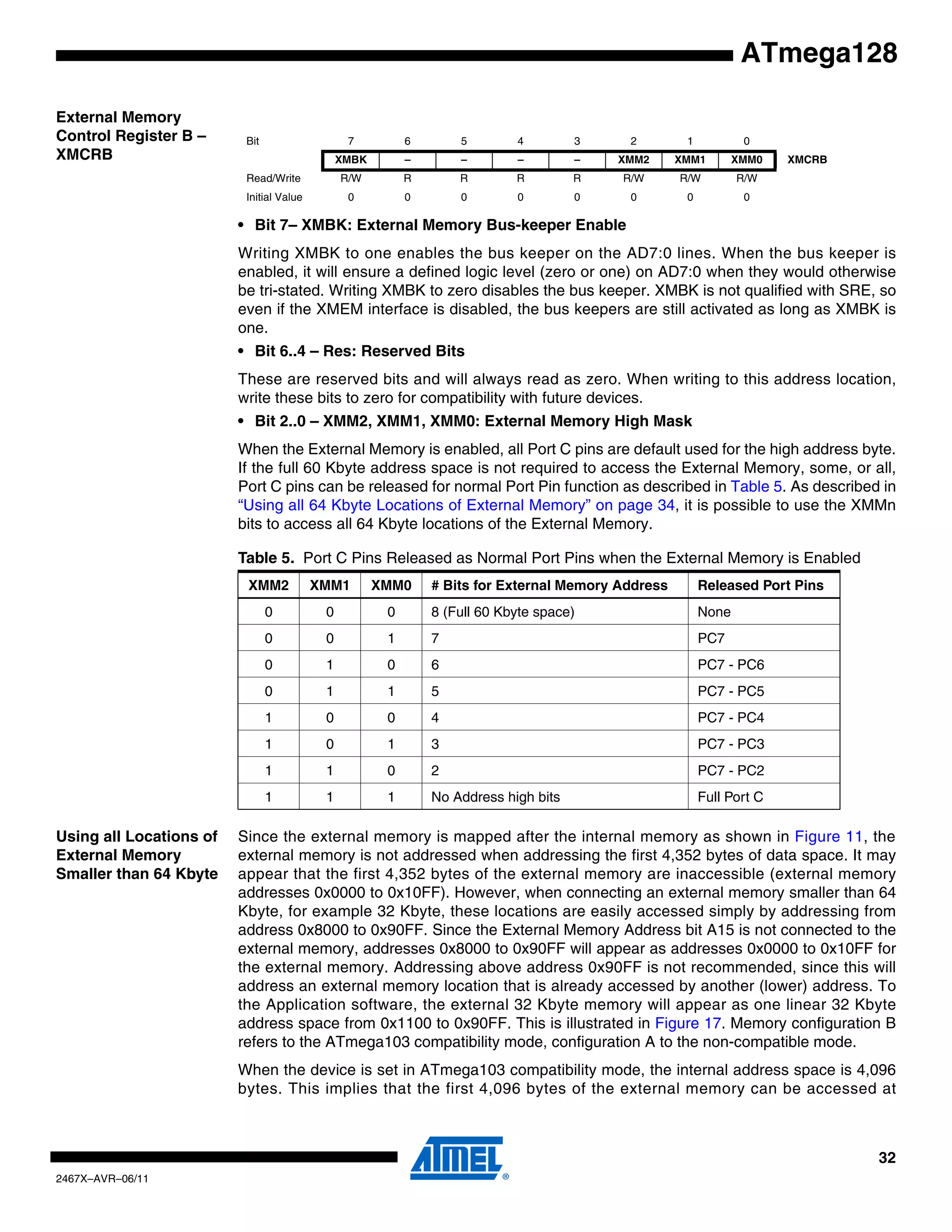 32
2467X–AVR–06/11
ATmega128
External Memory
Control Register B –
XMCRB
• Bit 7– XMBK: External Memory Bus-keeper Enable
Writing XMBK to one enables the bus keeper on the AD7:0 lines. When the bus keeper is
enabled, it will ensure a defined logic level (zero or one) on AD7:0 when they would otherwise
be tri-stated. Writing XMBK to zero disables the bus keeper. XMBK is not qualified with SRE, so
even if the XMEM interface is disabled, the bus keepers are still activated as long as XMBK is
one.
• Bit 6..4 – Res: Reserved Bits
These are reserved bits and will always read as zero. When writing to this address location,
write these bits to zero for compatibility with future devices.
• Bit 2..0 – XMM2, XMM1, XMM0: External Memory High Mask
When the External Memory is enabled, all Port C pins are default used for the high address byte.
If the full 60 Kbyte address space is not required to access the External Memory, some, or all,
Port C pins can be released for normal Port Pin function as described in Table 5. As described in
“Using all 64 Kbyte Locations of External Memory” on page 34, it is possible to use the XMMn
bits to access all 64 Kbyte locations of the External Memory.
Using all Locations of
External Memory
Smaller than 64 Kbyte
Since the external memory is mapped after the internal memory as shown in Figure 11, the
external memory is not addressed when addressing the first 4,352 bytes of data space. It may
appear that the first 4,352 bytes of the external memory are inaccessible (external memory
addresses 0x0000 to 0x10FF). However, when connecting an external memory smaller than 64
Kbyte, for example 32 Kbyte, these locations are easily accessed simply by addressing from
address 0x8000 to 0x90FF. Since the External Memory Address bit A15 is not connected to the
external memory, addresses 0x8000 to 0x90FF will appear as addresses 0x0000 to 0x10FF for
the external memory. Addressing above address 0x90FF is not recommended, since this will
address an external memory location that is already accessed by another (lower) address. To
the Application software, the external 32 Kbyte memory will appear as one linear 32 Kbyte
address space from 0x1100 to 0x90FF. This is illustrated in Figure 17. Memory configuration B
refers to the ATmega103 compatibility mode, configuration A to the non-compatible mode.
When the device is set in ATmega103 compatibility mode, the internal address space is 4,096
bytes. This implies that the first 4,096 bytes of the external memory can be accessed at
Bit 7 6 5 4 3 2 1 0
XMBK – – – – XMM2 XMM1 XMM0 XMCRB
Read/Write R/W R R R R R/W R/W R/W
Initial Value 0 0 0 0 0 0 0 0
Table 5. Port C Pins Released as Normal Port Pins when the External Memory is Enabled
XMM2 XMM1 XMM0 # Bits for External Memory Address Released Port Pins
0 0 0 8 (Full 60 Kbyte space) None
0 0 1 7 PC7
0 1 0 6 PC7 - PC6
0 1 1 5 PC7 - PC5
1 0 0 4 PC7 - PC4
1 0 1 3 PC7 - PC3
1 1 0 2 PC7 - PC2
1 1 1 No Address high bits Full Port C
 