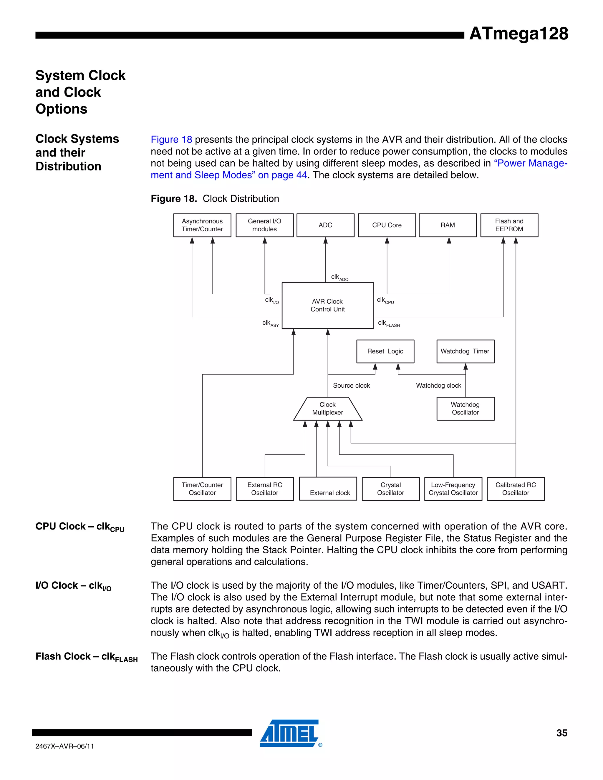 35
2467X–AVR–06/11
ATmega128
System Clock
and Clock
Options
Clock Systems
and their
Distribution
Figure 18 presents the principal clock systems in the AVR and their distribution. All of the clocks
need not be active at a given time. In order to reduce power consumption, the clocks to modules
not being used can be halted by using different sleep modes, as described in “Power Manage-
ment and Sleep Modes” on page 44. The clock systems are detailed below.
Figure 18. Clock Distribution
CPU Clock – clkCPU The CPU clock is routed to parts of the system concerned with operation of the AVR core.
Examples of such modules are the General Purpose Register File, the Status Register and the
data memory holding the Stack Pointer. Halting the CPU clock inhibits the core from performing
general operations and calculations.
I/O Clock – clkI/O The I/O clock is used by the majority of the I/O modules, like Timer/Counters, SPI, and USART.
The I/O clock is also used by the External Interrupt module, but note that some external inter-
rupts are detected by asynchronous logic, allowing such interrupts to be detected even if the I/O
clock is halted. Also note that address recognition in the TWI module is carried out asynchro-
nously when clkI/O is halted, enabling TWI address reception in all sleep modes.
Flash Clock – clkFLASH The Flash clock controls operation of the Flash interface. The Flash clock is usually active simul-
taneously with the CPU clock.
General I/O
modules
Asynchronous
Timer/Counter
ADC CPU Core RAM
clkI/O
clkASY
AVR Clock
Control Unit
clkCPU
Flash and
EEPROM
clkFLASH
clkADC
Source clock
Watchdog Timer
Watchdog
Oscillator
Reset Logic
Clock
Multiplexer
Watchdog clock
Calibrated RC
Oscillator
Timer/Counter
Oscillator
Crystal
Oscillator
Low-Frequency
Crystal Oscillator
External RC
Oscillator External clock
 
