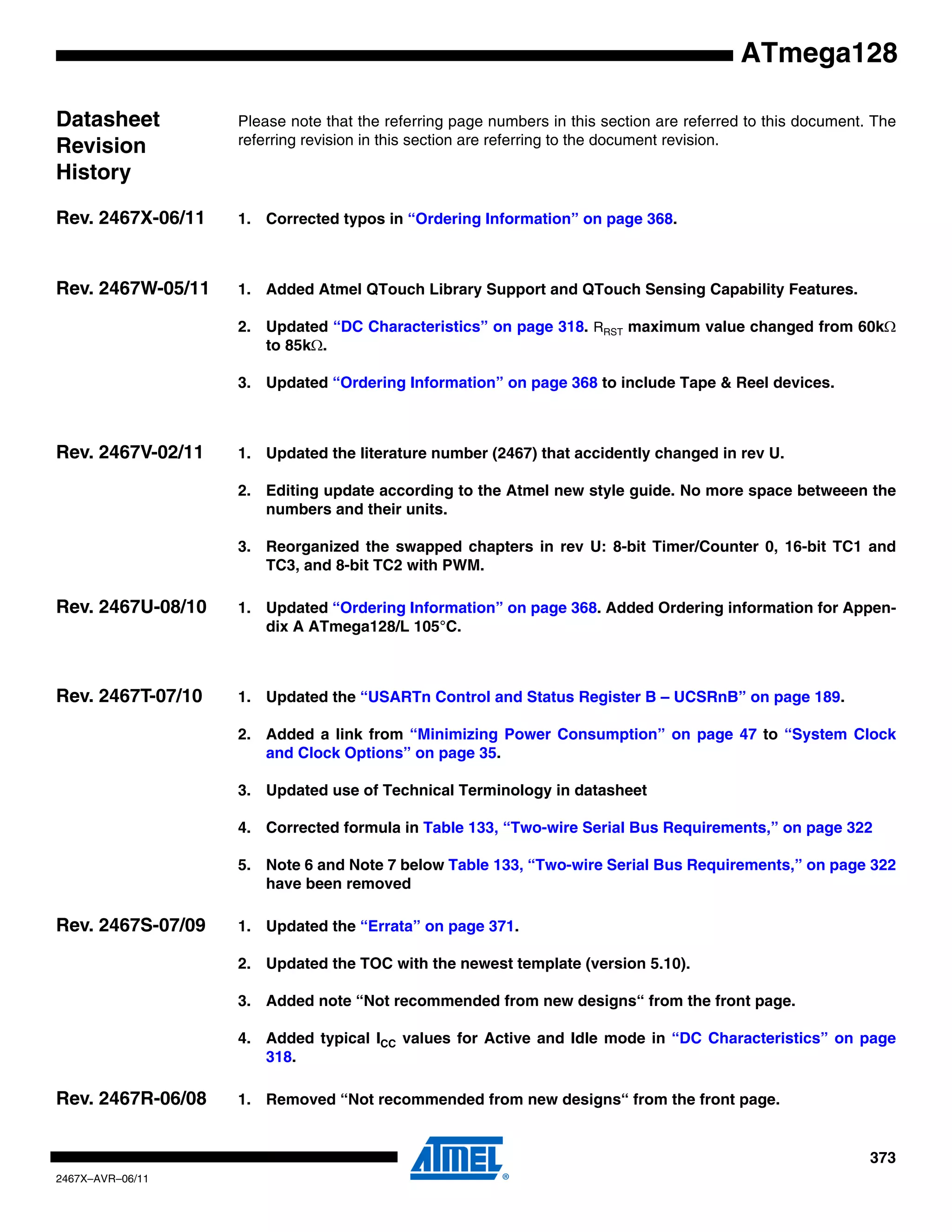 373
2467X–AVR–06/11
ATmega128
Datasheet
Revision
History
Please note that the referring page numbers in this section are referred to this document. The
referring revision in this section are referring to the document revision.
Rev. 2467X-06/11 1. Corrected typos in “Ordering Information” on page 368.
Rev. 2467W-05/11 1. Added Atmel QTouch Library Support and QTouch Sensing Capability Features.
2. Updated “DC Characteristics” on page 318. RRST maximum value changed from 60kΩ
to 85kΩ.
3. Updated “Ordering Information” on page 368 to include Tape & Reel devices.
Rev. 2467V-02/11 1. Updated the literature number (2467) that accidently changed in rev U.
2. Editing update according to the Atmel new style guide. No more space betweeen the
numbers and their units.
3. Reorganized the swapped chapters in rev U: 8-bit Timer/Counter 0, 16-bit TC1 and
TC3, and 8-bit TC2 with PWM.
Rev. 2467U-08/10 1. Updated “Ordering Information” on page 368. Added Ordering information for Appen-
dix A ATmega128/L 105°C.
Rev. 2467T-07/10 1. Updated the “USARTn Control and Status Register B – UCSRnB” on page 189.
2. Added a link from “Minimizing Power Consumption” on page 47 to “System Clock
and Clock Options” on page 35.
3. Updated use of Technical Terminology in datasheet
4. Corrected formula in Table 133, “Two-wire Serial Bus Requirements,” on page 322
5. Note 6 and Note 7 below Table 133, “Two-wire Serial Bus Requirements,” on page 322
have been removed
Rev. 2467S-07/09 1. Updated the “Errata” on page 371.
2. Updated the TOC with the newest template (version 5.10).
3. Added note “Not recommended from new designs“ from the front page.
4. Added typical ICC values for Active and Idle mode in “DC Characteristics” on page
318.
Rev. 2467R-06/08 1. Removed “Not recommended from new designs“ from the front page.
 