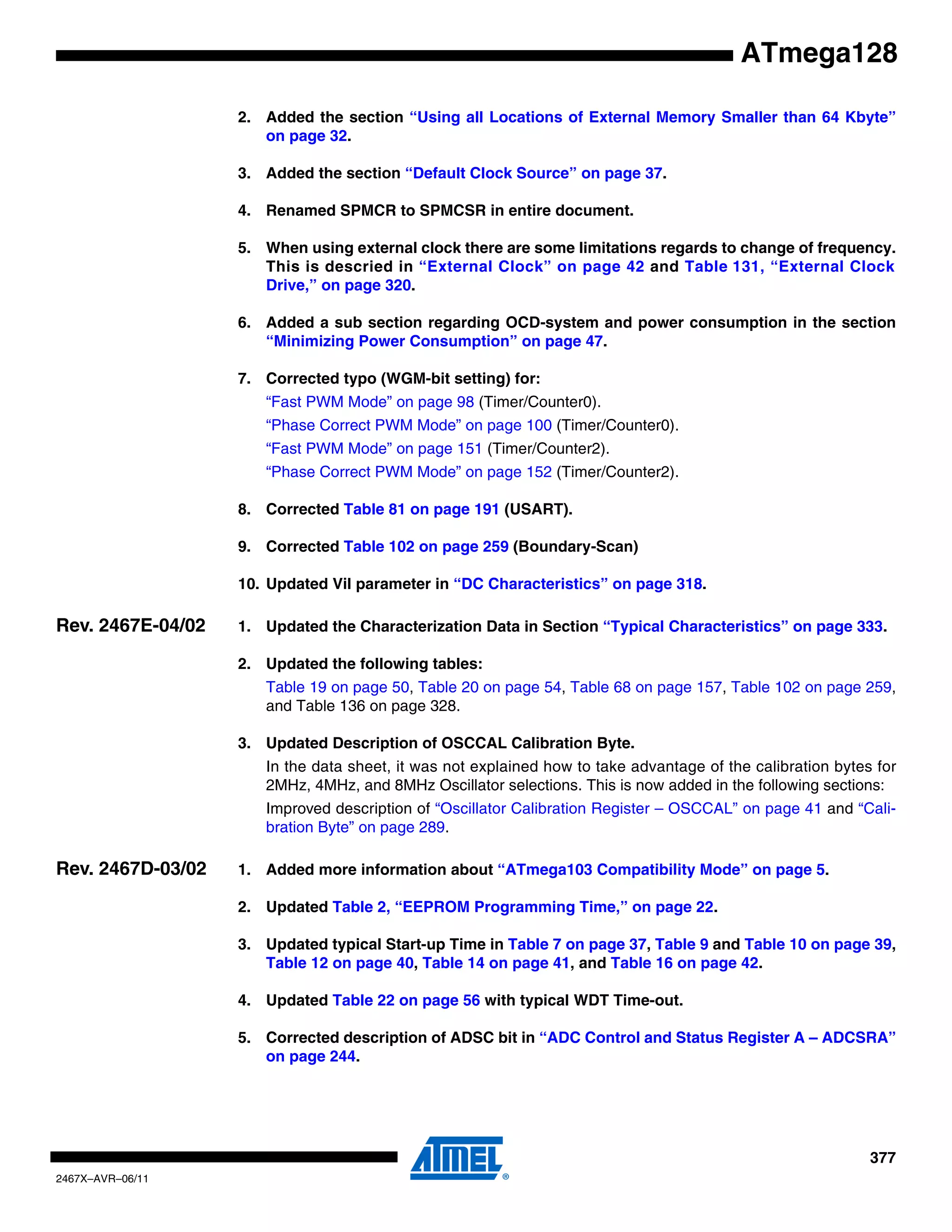 377
2467X–AVR–06/11
ATmega128
2. Added the section “Using all Locations of External Memory Smaller than 64 Kbyte”
on page 32.
3. Added the section “Default Clock Source” on page 37.
4. Renamed SPMCR to SPMCSR in entire document.
5. When using external clock there are some limitations regards to change of frequency.
This is descried in “External Clock” on page 42 and Table 131, “External Clock
Drive,” on page 320.
6. Added a sub section regarding OCD-system and power consumption in the section
“Minimizing Power Consumption” on page 47.
7. Corrected typo (WGM-bit setting) for:
“Fast PWM Mode” on page 98 (Timer/Counter0).
“Phase Correct PWM Mode” on page 100 (Timer/Counter0).
“Fast PWM Mode” on page 151 (Timer/Counter2).
“Phase Correct PWM Mode” on page 152 (Timer/Counter2).
8. Corrected Table 81 on page 191 (USART).
9. Corrected Table 102 on page 259 (Boundary-Scan)
10. Updated Vil parameter in “DC Characteristics” on page 318.
Rev. 2467E-04/02 1. Updated the Characterization Data in Section “Typical Characteristics” on page 333.
2. Updated the following tables:
Table 19 on page 50, Table 20 on page 54, Table 68 on page 157, Table 102 on page 259,
and Table 136 on page 328.
3. Updated Description of OSCCAL Calibration Byte.
In the data sheet, it was not explained how to take advantage of the calibration bytes for
2MHz, 4MHz, and 8MHz Oscillator selections. This is now added in the following sections:
Improved description of “Oscillator Calibration Register – OSCCAL” on page 41 and “Cali-
bration Byte” on page 289.
Rev. 2467D-03/02 1. Added more information about “ATmega103 Compatibility Mode” on page 5.
2. Updated Table 2, “EEPROM Programming Time,” on page 22.
3. Updated typical Start-up Time in Table 7 on page 37, Table 9 and Table 10 on page 39,
Table 12 on page 40, Table 14 on page 41, and Table 16 on page 42.
4. Updated Table 22 on page 56 with typical WDT Time-out.
5. Corrected description of ADSC bit in “ADC Control and Status Register A – ADCSRA”
on page 244.
 
