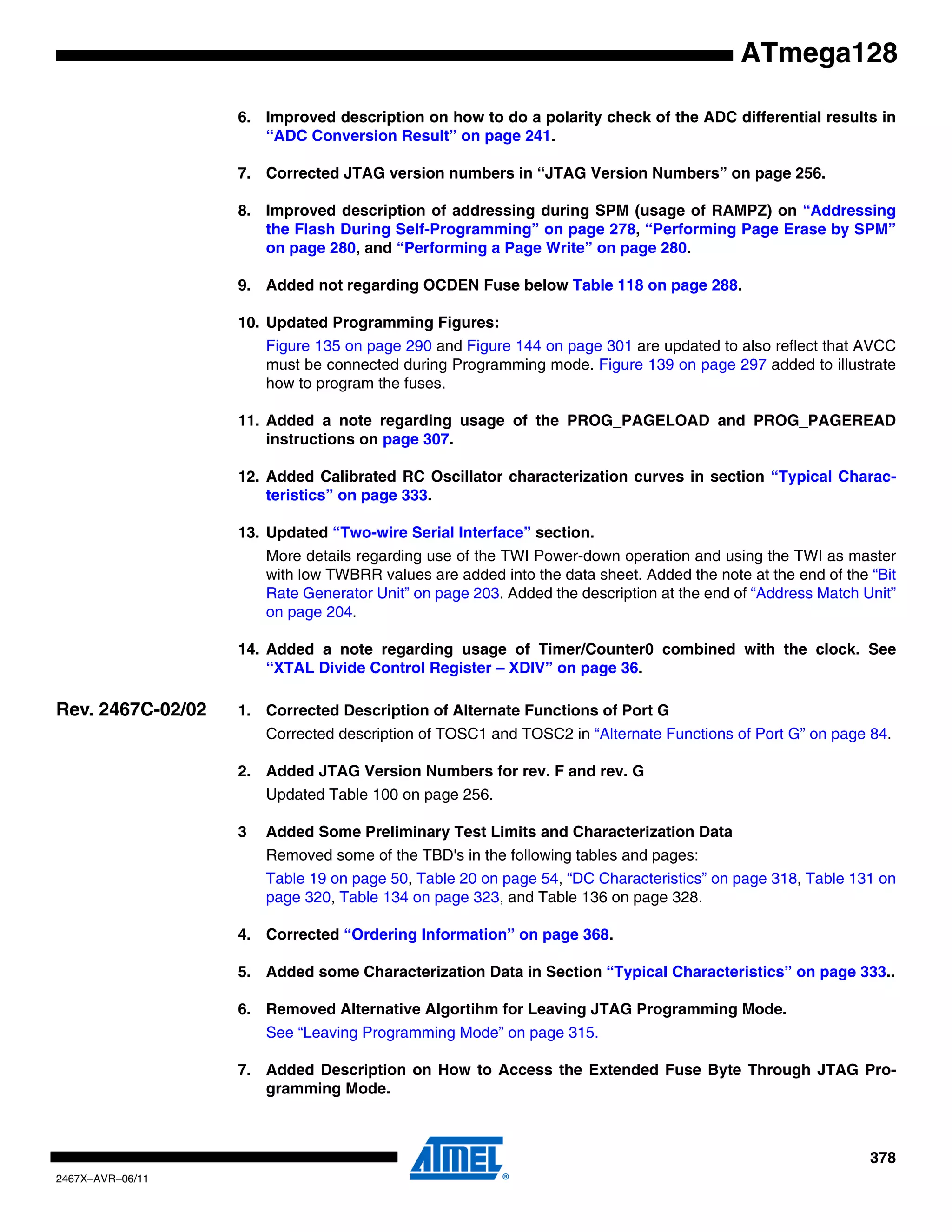 378
2467X–AVR–06/11
ATmega128
6. Improved description on how to do a polarity check of the ADC differential results in
“ADC Conversion Result” on page 241.
7. Corrected JTAG version numbers in “JTAG Version Numbers” on page 256.
8. Improved description of addressing during SPM (usage of RAMPZ) on “Addressing
the Flash During Self-Programming” on page 278, “Performing Page Erase by SPM”
on page 280, and “Performing a Page Write” on page 280.
9. Added not regarding OCDEN Fuse below Table 118 on page 288.
10. Updated Programming Figures:
Figure 135 on page 290 and Figure 144 on page 301 are updated to also reflect that AVCC
must be connected during Programming mode. Figure 139 on page 297 added to illustrate
how to program the fuses.
11. Added a note regarding usage of the PROG_PAGELOAD and PROG_PAGEREAD
instructions on page 307.
12. Added Calibrated RC Oscillator characterization curves in section “Typical Charac-
teristics” on page 333.
13. Updated “Two-wire Serial Interface” section.
More details regarding use of the TWI Power-down operation and using the TWI as master
with low TWBRR values are added into the data sheet. Added the note at the end of the “Bit
Rate Generator Unit” on page 203. Added the description at the end of “Address Match Unit”
on page 204.
14. Added a note regarding usage of Timer/Counter0 combined with the clock. See
“XTAL Divide Control Register – XDIV” on page 36.
Rev. 2467C-02/02 1. Corrected Description of Alternate Functions of Port G
Corrected description of TOSC1 and TOSC2 in “Alternate Functions of Port G” on page 84.
2. Added JTAG Version Numbers for rev. F and rev. G
Updated Table 100 on page 256.
3 Added Some Preliminary Test Limits and Characterization Data
Removed some of the TBD's in the following tables and pages:
Table 19 on page 50, Table 20 on page 54, “DC Characteristics” on page 318, Table 131 on
page 320, Table 134 on page 323, and Table 136 on page 328.
4. Corrected “Ordering Information” on page 368.
5. Added some Characterization Data in Section “Typical Characteristics” on page 333..
6. Removed Alternative Algortihm for Leaving JTAG Programming Mode.
See “Leaving Programming Mode” on page 315.
7. Added Description on How to Access the Extended Fuse Byte Through JTAG Pro-
gramming Mode.
 