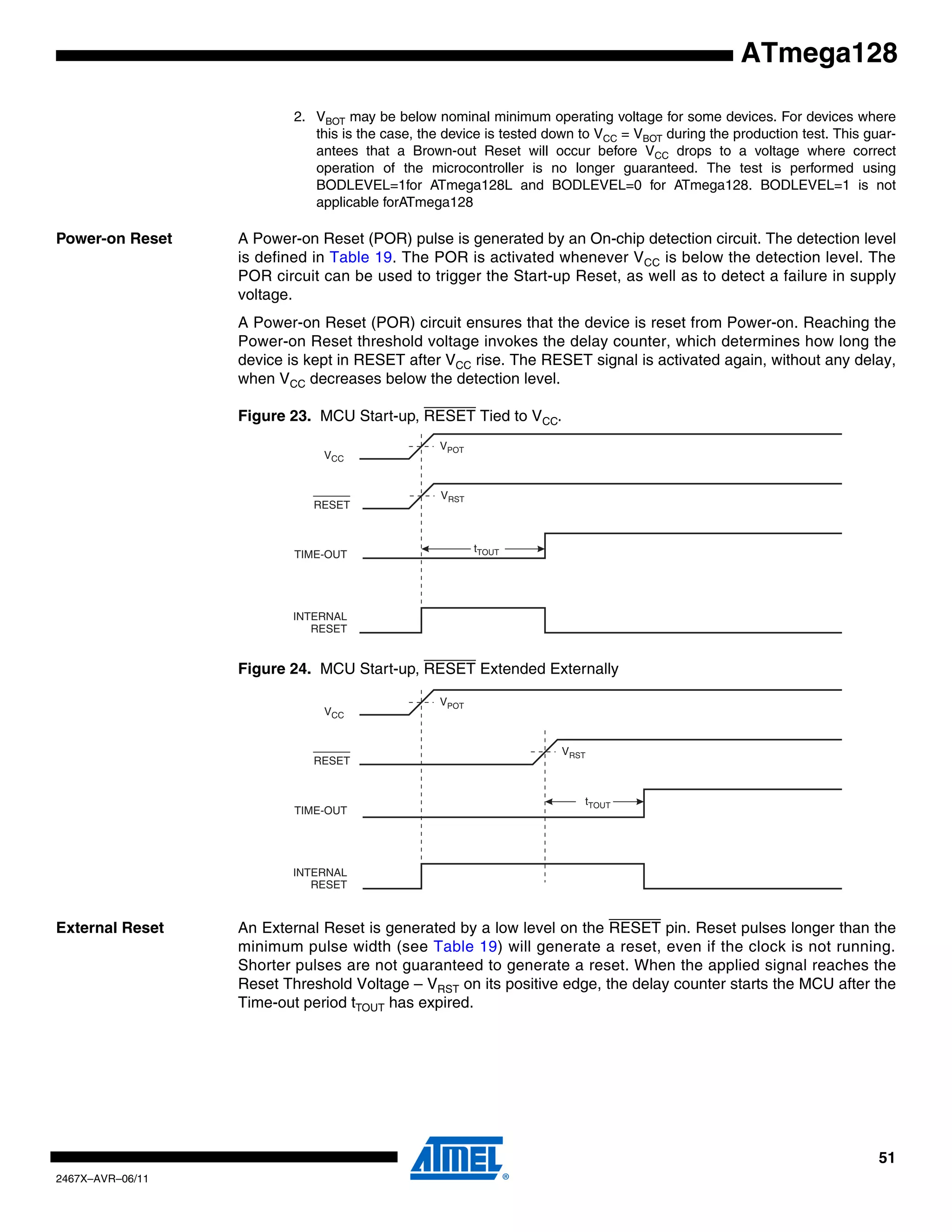 51
2467X–AVR–06/11
ATmega128
2. VBOT may be below nominal minimum operating voltage for some devices. For devices where
this is the case, the device is tested down to VCC = VBOT during the production test. This guar-
antees that a Brown-out Reset will occur before VCC drops to a voltage where correct
operation of the microcontroller is no longer guaranteed. The test is performed using
BODLEVEL=1for ATmega128L and BODLEVEL=0 for ATmega128. BODLEVEL=1 is not
applicable forATmega128
Power-on Reset A Power-on Reset (POR) pulse is generated by an On-chip detection circuit. The detection level
is defined in Table 19. The POR is activated whenever VCC is below the detection level. The
POR circuit can be used to trigger the Start-up Reset, as well as to detect a failure in supply
voltage.
A Power-on Reset (POR) circuit ensures that the device is reset from Power-on. Reaching the
Power-on Reset threshold voltage invokes the delay counter, which determines how long the
device is kept in RESET after VCC rise. The RESET signal is activated again, without any delay,
when VCC decreases below the detection level.
Figure 23. MCU Start-up, RESET Tied to VCC.
Figure 24. MCU Start-up, RESET Extended Externally
External Reset An External Reset is generated by a low level on the RESET pin. Reset pulses longer than the
minimum pulse width (see Table 19) will generate a reset, even if the clock is not running.
Shorter pulses are not guaranteed to generate a reset. When the applied signal reaches the
Reset Threshold Voltage – VRST on its positive edge, the delay counter starts the MCU after the
Time-out period tTOUT has expired.
V
RESET
TIME-OUT
INTERNAL
RESET
tTOUT
VPOT
VRST
CC
RESET
TIME-OUT
INTERNAL
RESET
tTOUT
VPOT
VRST
VCC
 
