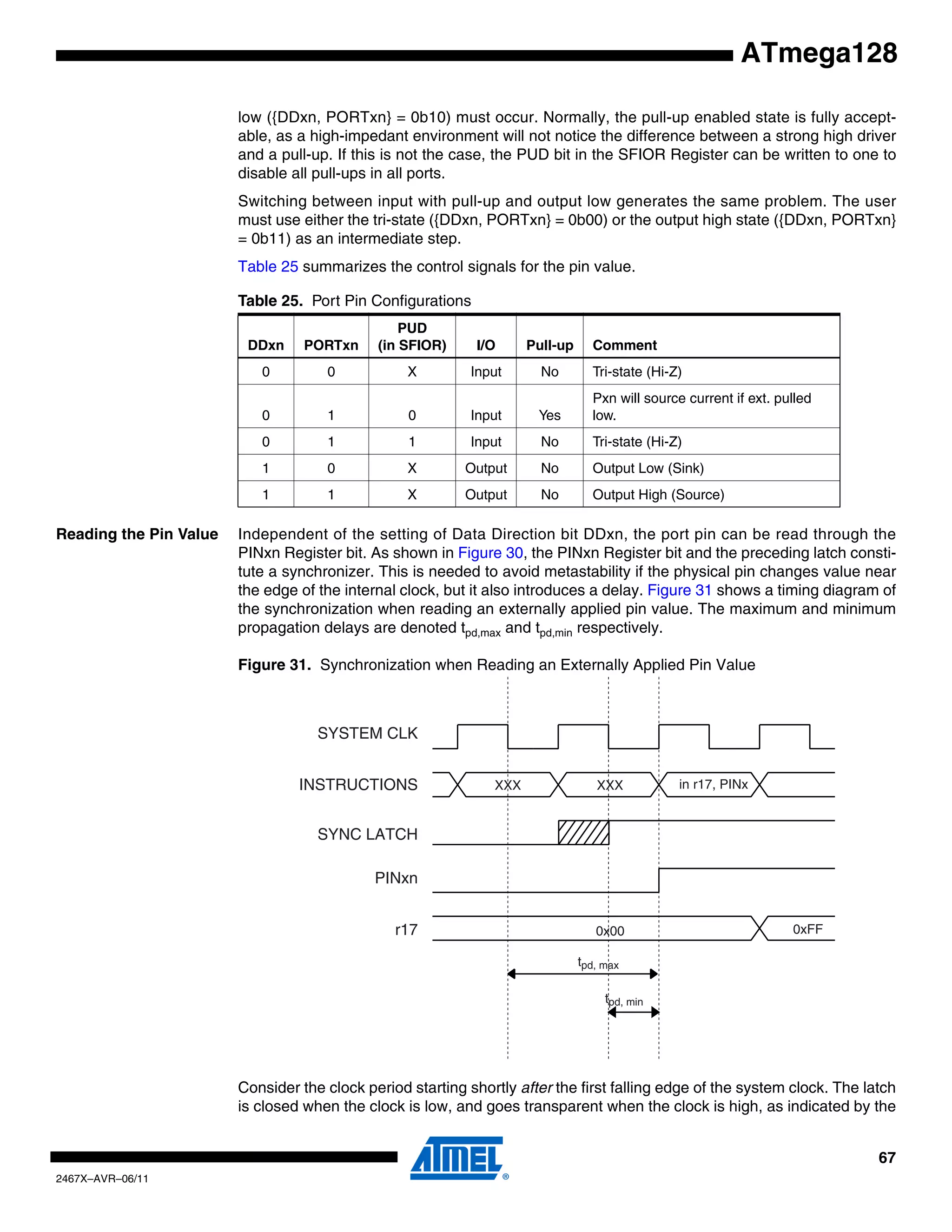 67
2467X–AVR–06/11
ATmega128
low ({DDxn, PORTxn} = 0b10) must occur. Normally, the pull-up enabled state is fully accept-
able, as a high-impedant environment will not notice the difference between a strong high driver
and a pull-up. If this is not the case, the PUD bit in the SFIOR Register can be written to one to
disable all pull-ups in all ports.
Switching between input with pull-up and output low generates the same problem. The user
must use either the tri-state ({DDxn, PORTxn} = 0b00) or the output high state ({DDxn, PORTxn}
= 0b11) as an intermediate step.
Table 25 summarizes the control signals for the pin value.
Reading the Pin Value Independent of the setting of Data Direction bit DDxn, the port pin can be read through the
PINxn Register bit. As shown in Figure 30, the PINxn Register bit and the preceding latch consti-
tute a synchronizer. This is needed to avoid metastability if the physical pin changes value near
the edge of the internal clock, but it also introduces a delay. Figure 31 shows a timing diagram of
the synchronization when reading an externally applied pin value. The maximum and minimum
propagation delays are denoted tpd,max and tpd,min respectively.
Figure 31. Synchronization when Reading an Externally Applied Pin Value
Consider the clock period starting shortly after the first falling edge of the system clock. The latch
is closed when the clock is low, and goes transparent when the clock is high, as indicated by the
Table 25. Port Pin Configurations
DDxn PORTxn
PUD
(in SFIOR) I/O Pull-up Comment
0 0 X Input No Tri-state (Hi-Z)
0 1 0 Input Yes
Pxn will source current if ext. pulled
low.
0 1 1 Input No Tri-state (Hi-Z)
1 0 X Output No Output Low (Sink)
1 1 X Output No Output High (Source)
SYSTEM CLK
INSTRUCTIONS
SYNC LATCH
PINxn
r17
in r17, PINx
0xFF0x00
tpd, max
XXXXXX
tpd, min
 