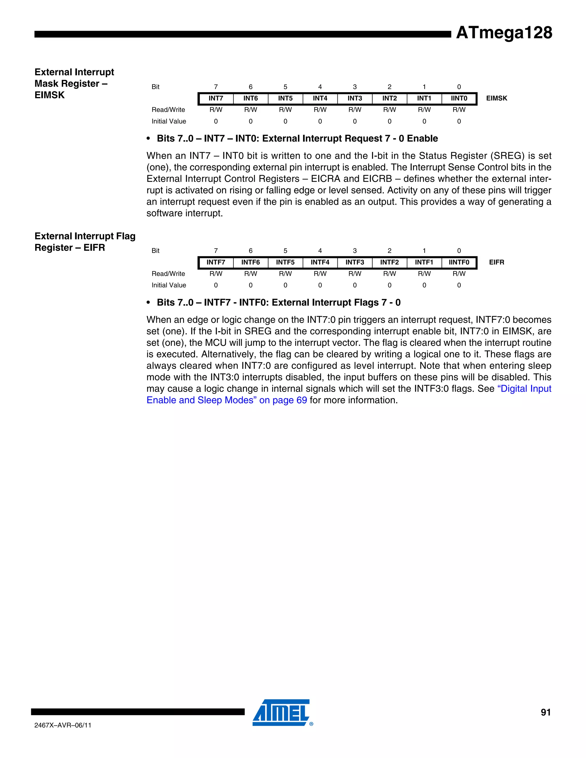 91
2467X–AVR–06/11
ATmega128
External Interrupt
Mask Register –
EIMSK
• Bits 7..0 – INT7 – INT0: External Interrupt Request 7 - 0 Enable
When an INT7 – INT0 bit is written to one and the I-bit in the Status Register (SREG) is set
(one), the corresponding external pin interrupt is enabled. The Interrupt Sense Control bits in the
External Interrupt Control Registers – EICRA and EICRB – defines whether the external inter-
rupt is activated on rising or falling edge or level sensed. Activity on any of these pins will trigger
an interrupt request even if the pin is enabled as an output. This provides a way of generating a
software interrupt.
External Interrupt Flag
Register – EIFR
• Bits 7..0 – INTF7 - INTF0: External Interrupt Flags 7 - 0
When an edge or logic change on the INT7:0 pin triggers an interrupt request, INTF7:0 becomes
set (one). If the I-bit in SREG and the corresponding interrupt enable bit, INT7:0 in EIMSK, are
set (one), the MCU will jump to the interrupt vector. The flag is cleared when the interrupt routine
is executed. Alternatively, the flag can be cleared by writing a logical one to it. These flags are
always cleared when INT7:0 are configured as level interrupt. Note that when entering sleep
mode with the INT3:0 interrupts disabled, the input buffers on these pins will be disabled. This
may cause a logic change in internal signals which will set the INTF3:0 flags. See “Digital Input
Enable and Sleep Modes” on page 69 for more information.
Bit 7 6 5 4 3 2 1 0
INT7 INT6 INT5 INT4 INT3 INT2 INT1 IINT0 EIMSK
Read/Write R/W R/W R/W R/W R/W R/W R/W R/W
Initial Value 0 0 0 0 0 0 0 0
Bit 7 6 5 4 3 2 1 0
INTF7 INTF6 INTF5 INTF4 INTF3 INTF2 INTF1 IINTF0 EIFR
Read/Write R/W R/W R/W R/W R/W R/W R/W R/W
Initial Value 0 0 0 0 0 0 0 0
 