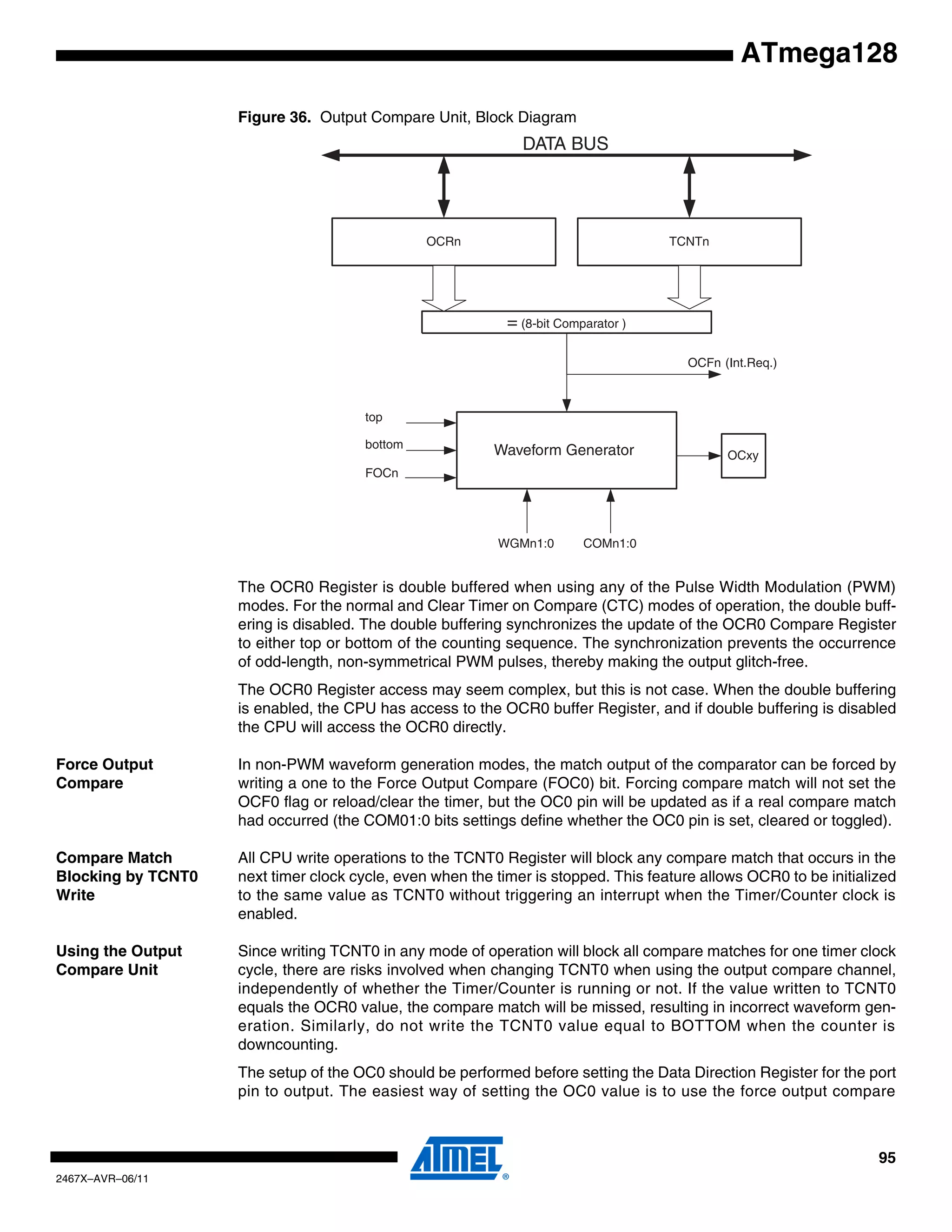 95
2467X–AVR–06/11
ATmega128
Figure 36. Output Compare Unit, Block Diagram
The OCR0 Register is double buffered when using any of the Pulse Width Modulation (PWM)
modes. For the normal and Clear Timer on Compare (CTC) modes of operation, the double buff-
ering is disabled. The double buffering synchronizes the update of the OCR0 Compare Register
to either top or bottom of the counting sequence. The synchronization prevents the occurrence
of odd-length, non-symmetrical PWM pulses, thereby making the output glitch-free.
The OCR0 Register access may seem complex, but this is not case. When the double buffering
is enabled, the CPU has access to the OCR0 buffer Register, and if double buffering is disabled
the CPU will access the OCR0 directly.
Force Output
Compare
In non-PWM waveform generation modes, the match output of the comparator can be forced by
writing a one to the Force Output Compare (FOC0) bit. Forcing compare match will not set the
OCF0 flag or reload/clear the timer, but the OC0 pin will be updated as if a real compare match
had occurred (the COM01:0 bits settings define whether the OC0 pin is set, cleared or toggled).
Compare Match
Blocking by TCNT0
Write
All CPU write operations to the TCNT0 Register will block any compare match that occurs in the
next timer clock cycle, even when the timer is stopped. This feature allows OCR0 to be initialized
to the same value as TCNT0 without triggering an interrupt when the Timer/Counter clock is
enabled.
Using the Output
Compare Unit
Since writing TCNT0 in any mode of operation will block all compare matches for one timer clock
cycle, there are risks involved when changing TCNT0 when using the output compare channel,
independently of whether the Timer/Counter is running or not. If the value written to TCNT0
equals the OCR0 value, the compare match will be missed, resulting in incorrect waveform gen-
eration. Similarly, do not write the TCNT0 value equal to BOTTOM when the counter is
downcounting.
The setup of the OC0 should be performed before setting the Data Direction Register for the port
pin to output. The easiest way of setting the OC0 value is to use the force output compare
OCFn (Int.Req.)
= (8-bit Comparator )
OCRn
OCxy
DATA BUS
TCNTn
WGMn1:0
Waveform Generator
top
FOCn
COMn1:0
bottom
 