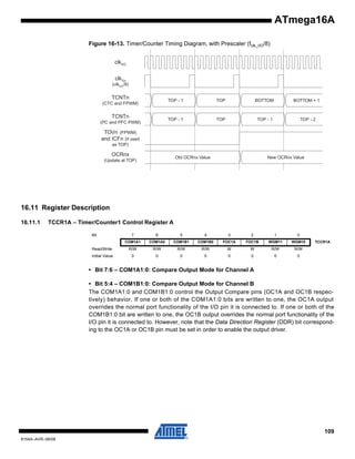 ATmega16A
Figure 16-13. Timer/Counter Timing Diagram, with Prescaler (fclk_I/O/8)
clkI/O
clkTn

(clkI/O /8)

TCNTn

TOP - 1

TCNTn
(PC and PFC PWM)

TOP

BOTTOM

BOTTOM + 1

TOP - 1

(CTC and FPWM)

TOP

TOP - 1

TOP - 2

TOVn (FPWM)
and ICFn (if used
as TOP)

OCRnx

Old OCRnx Value

(Update at TOP)

New OCRnx Value

16.11 Register Description
16.11.1

TCCR1A – Timer/Counter1 Control Register A
Bit

7

6

5

4

3

2

1

0

COM1A1

COM1A0

COM1B1

COM1B0

FOC1A

FOC1B

WGM11

WGM10

Read/Write

R/W

R/W

R/W

R/W

W

W

R/W

R/W

Initial Value

0

0

0

0

0

0

0

0

TCCR1A

• Bit 7:6 – COM1A1:0: Compare Output Mode for Channel A
• Bit 5:4 – COM1B1:0: Compare Output Mode for Channel B
The COM1A1:0 and COM1B1:0 control the Output Compare pins (OC1A and OC1B respectively) behavior. If one or both of the COM1A1:0 bits are written to one, the OC1A output
overrides the normal port functionality of the I/O pin it is connected to. If one or both of the
COM1B1:0 bit are written to one, the OC1B output overrides the normal port functionality of the
I/O pin it is connected to. However, note that the Data Direction Register (DDR) bit corresponding to the OC1A or OC1B pin must be set in order to enable the output driver.

109
8154A–AVR–06/08

 
