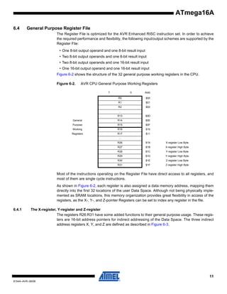 ATmega16A
6.4

General Purpose Register File
The Register File is optimized for the AVR Enhanced RISC instruction set. In order to achieve
the required performance and flexibility, the following input/output schemes are supported by the
Register File:
• One 8-bit output operand and one 8-bit result input
• Two 8-bit output operands and one 8-bit result input
• Two 8-bit output operands and one 16-bit result input
• One 16-bit output operand and one 16-bit result input
Figure 6-2 shows the structure of the 32 general purpose working registers in the CPU.
Figure 6-2.

AVR CPU General Purpose Working Registers
7

0

Addr.

R0

$00

R1

$01

R2

$02

…
R13

$0D

General

R14

$0E

Purpose

R15

$0F

Working

R16

$10

Registers

R17

$11

…
R26

$1A

X-register Low Byte

R27

$1B

X-register High Byte

R28

$1C

Y-register Low Byte

R29

$1D

Y-register High Byte

R30

$1E

Z-register Low Byte

R31

$1F

Z-register High Byte

Most of the instructions operating on the Register File have direct access to all registers, and
most of them are single cycle instructions.
As shown in Figure 6-2, each register is also assigned a data memory address, mapping them
directly into the first 32 locations of the user Data Space. Although not being physically implemented as SRAM locations, this memory organization provides great flexibility in access of the
registers, as the X-, Y-, and Z-pointer Registers can be set to index any register in the file.
6.4.1

The X-register, Y-register and Z-register
The registers R26:R31 have some added functions to their general purpose usage. These registers are 16-bit address pointers for indirect addressing of the Data Space. The three indirect
address registers X, Y, and Z are defined as described in Figure 6-3.

11
8154A–AVR–06/08

 
