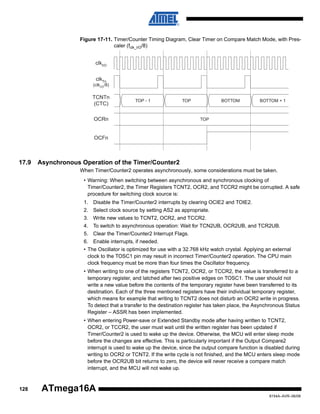 Figure 17-11. Timer/Counter Timing Diagram, Clear Timer on Compare Match Mode, with Prescaler (fclk_I/O/8)

clkI/O
clkTn

(clkI/O /8)

TCNTn
(CTC)

TOP - 1

TOP

OCRn

BOTTOM

BOTTOM + 1

TOP

OCFn

17.9

Asynchronous Operation of the Timer/Counter2
When Timer/Counter2 operates asynchronously, some considerations must be taken.
• Warning: When switching between asynchronous and synchronous clocking of
Timer/Counter2, the Timer Registers TCNT2, OCR2, and TCCR2 might be corrupted. A safe
procedure for switching clock source is:
1. Disable the Timer/Counter2 interrupts by clearing OCIE2 and TOIE2.
2. Select clock source by setting AS2 as appropriate.
3. Write new values to TCNT2, OCR2, and TCCR2.
4. To switch to asynchronous operation: Wait for TCN2UB, OCR2UB, and TCR2UB.
5. Clear the Timer/Counter2 Interrupt Flags.
6. Enable interrupts, if needed.
• The Oscillator is optimized for use with a 32.768 kHz watch crystal. Applying an external
clock to the TOSC1 pin may result in incorrect Timer/Counter2 operation. The CPU main
clock frequency must be more than four times the Oscillator frequency.
• When writing to one of the registers TCNT2, OCR2, or TCCR2, the value is transferred to a
temporary register, and latched after two positive edges on TOSC1. The user should not
write a new value before the contents of the temporary register have been transferred to its
destination. Each of the three mentioned registers have their individual temporary register,
which means for example that writing to TCNT2 does not disturb an OCR2 write in progress.
To detect that a transfer to the destination register has taken place, the Asynchronous Status
Register – ASSR has been implemented.
• When entering Power-save or Extended Standby mode after having written to TCNT2,
OCR2, or TCCR2, the user must wait until the written register has been updated if
Timer/Counter2 is used to wake up the device. Otherwise, the MCU will enter sleep mode
before the changes are effective. This is particularly important if the Output Compare2
interrupt is used to wake up the device, since the output compare function is disabled during
writing to OCR2 or TCNT2. If the write cycle is not finished, and the MCU enters sleep mode
before the OCR2UB bit returns to zero, the device will never receive a compare match
interrupt, and the MCU will not wake up.

128

ATmega16A
8154A–AVR–06/08

 