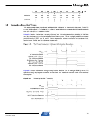 ATmega16A
SP7

6.6

SP4

SP3

SP2

SP1

SP0

5

4

3

2

1

0

R/W

R/W

R/W

R/W

R/W

R/W

R/W

R/W

R/W

R/W

R/W

R/W

R/W

R/W

R/W

0

0

0

0

0

0

0

0

0

Initial Value

SP5

6

R/W

Read/Write

SP6

7

0

0

0

0

0

0

SPL

0

Instruction Execution Timing
This section describes the general access timing concepts for instruction execution. The AVR
CPU is driven by the CPU clock clkCPU, directly generated from the selected clock source for the
chip. No internal clock division is used.
Figure 6-4 shows the parallel instruction fetches and instruction executions enabled by the Harvard architecture and the fast-access Register File concept. This is the basic pipelining concept
to obtain up to 1 MIPS per MHz with the corresponding unique results for functions per cost,
functions per clocks, and functions per power-unit.
Figure 6-4.

The Parallel Instruction Fetches and Instruction Executions
T1

T2

T3

T4

clkCPU
1st Instruction Fetch
1st Instruction Execute
2nd Instruction Fetch
2nd Instruction Execute
3rd Instruction Fetch
3rd Instruction Execute
4th Instruction Fetch
Figure 6-5 shows the internal timing concept for the Register File. In a single clock cycle an ALU
operation using two register operands is executed, and the result is stored back to the destination register.
Figure 6-5.

Single Cycle ALU Operation
T1

T2

T3

T4

clkCPU
Total Execution Time
Register Operands Fetch
ALU Operation Execute
Result Write Back

13
8154A–AVR–06/08

 