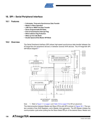 18. SPI – Serial Peripheral Interface
18.1

Features
•
•
•
•
•
•
•
•

18.2

Full-duplex, Three-wire Synchronous Data Transfer
Master or Slave Operation
LSB First or MSB First Data Transfer
Seven Programmable Bit Rates
End of Transmission Interrupt Flag
Write Collision Flag Protection
Wake-up from Idle Mode
Double Speed (CK/2) Master SPI Mode

Overview
The Serial Peripheral Interface (SPI) allows high-speed synchronous data transfer between the
ATmega16A and peripheral devices or between several AVR devices. The ATmega16A SPI
iSPI Block Diagram(1)

SPI2X

SPI2X

DIVIDER
/2/4/8/16/32/64/128

Note:

1. Refer to Figure 1-1 on page 2, and Table 12-6 on page 57 for SPI pin placement.

The interconnection between Master and Slave CPUs with SPI is shown in Figure 18-1. The system consists of two Shift Registers, and a Master clock generator. The SPI Master initiates the
communication cycle when pulling low the Slave Select SS pin of the desired Slave. Master and

136

ATmega16A
8154A–AVR–06/08

 