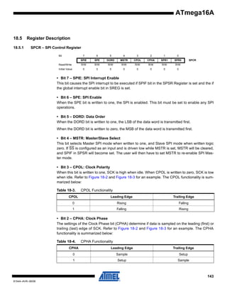ATmega16A

18.5
18.5.1

Register Description
SPCR – SPI Control Register
Bit

7

6

5

4

3

2

1

0

SPIE

SPE

DORD

MSTR

CPOL

CPHA

SPR1

SPR0

Read/Write

R/W

R/W

R/W

R/W

R/W

R/W

R/W

R/W

Initial Value

0

0

0

0

0

0

0

0

SPCR

• Bit 7 – SPIE: SPI Interrupt Enable
This bit causes the SPI interrupt to be executed if SPIF bit in the SPSR Register is set and the if
the global interrupt enable bit in SREG is set.
• Bit 6 – SPE: SPI Enable
When the SPE bit is written to one, the SPI is enabled. This bit must be set to enable any SPI
operations.
• Bit 5 – DORD: Data Order
When the DORD bit is written to one, the LSB of the data word is transmitted first.
When the DORD bit is written to zero, the MSB of the data word is transmitted first.
• Bit 4 – MSTR: Master/Slave Select
This bit selects Master SPI mode when written to one, and Slave SPI mode when written logic
zero. If SS is configured as an input and is driven low while MSTR is set, MSTR will be cleared,
and SPIF in SPSR will become set. The user will then have to set MSTR to re-enable SPI Master mode.
• Bit 3 – CPOL: Clock Polarity
When this bit is written to one, SCK is high when idle. When CPOL is written to zero, SCK is low
when idle. Refer to Figure 18-2 and Figure 18-3 for an example. The CPOL functionality is summarized below:
Table 18-3.

CPOL Functionality

CPOL

Leading Edge

Trailing Edge

0

Rising

Falling

1

Falling

Rising

• Bit 2 – CPHA: Clock Phase
The settings of the Clock Phase bit (CPHA) determine if data is sampled on the leading (first) or
trailing (last) edge of SCK. Refer to Figure 18-2 and Figure 18-3 for an example. The CPHA
functionality is summarized below:
Table 18-4.

CPHA Functionality

CPHA

Leading Edge

Trailing Edge

0

Sample

Setup

1

Setup

Sample

143
8154A–AVR–06/08

 