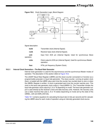 ATmega16A
Figure 19-2. Clock Generation Logic, Block Diagram
UBRR
U2X

fosc
Prescaling
Down-Counter

UBRR+1

/2

/4

/2
0
1
0

OSC
DDR_XCK

xcki
XCK
Pin

Sync
Register

Edge
Detector

0

UMSEL

1

xcko

DDR_XCK

txclk

1

UCPOL

1

rxclk

0

Signal description:
txclk

Transmitter clock (Internal Signal).

rxclk

Receiver base clock (Internal Signal).

xcki
operation.

Input from XCK pin (Internal Signal). Used for synchronous Slave

xcko
fosc
19.3.1

Clock output to XCK pin (Internal Signal). Used for synchronous Master
operation.
XTAL pin frequency (System Clock).

Internal Clock Generation – The Baud Rate Generator
Internal clock generation is used for the asynchronous and the synchronous Master modes of
operation. The description in this section refers to Figure 19-2.
The USART Baud Rate Register (UBRR) and the down-counter connected to it function as a
programmable prescaler or baud rate generator. The down-counter, running at system clock
(fosc), is loaded with the UBRR value each time the counter has counted down to zero or when
the UBRRL Register is written. A clock is generated each time the counter reaches zero. This
clock is the baud rate generator clock output (= fosc/(UBRR+1)). The Transmitter divides the
baud rate generator clock output by 2, 8 or 16 depending on mode. The baud rate generator output is used directly by the receiver’s clock and data recovery units. However, the recovery units
use a state machine that uses 2, 8 or 16 states depending on mode set by the state of the
UMSEL, U2X and DDR_XCK bits.
Table 19-1 contains equations for calculating the baud rate (in bits per second) and for calculating the UBRR value for each mode of operation using an internally generated clock source.

149
8154A–AVR–06/08

 