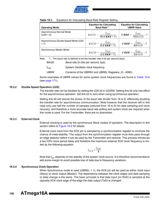 Table 19-1.

Equations for Calculating Baud Rate Register Setting
Equation for Calculating
Baud Rate(1)

Equation for Calculating
UBRR Value

f OSC
BAUD = -------------------------------------16 ( UBRR + 1 )

f OSC
UBRR = ----------------------- – 1
16BAUD

Asynchronous Double Speed Mode (U2X
= 1)

f OSC
BAUD = ---------------------------------8 ( UBRR + 1 )

f OSC
UBRR = ------------------- – 1
8BAUD

Synchronous Master Mode

f OSC
BAUD = ---------------------------------2 ( UBRR + 1 )

f OSC
UBRR = ------------------- – 1
2BAUD

Operating Mode
Asynchronous Normal Mode
(U2X = 0)

Note:

1. The baud rate is defined to be the transfer rate in bit per second (bps).

BAUD

Baud rate (in bits per second, bps)

fOSC

System Oscillator clock frequency

UBRR

Contents of the UBRRH and UBRRL Registers, (0 - 4095)

Some examples of UBRR values for some system clock frequencies are found in Table 19-9
(see page 171).
19.3.2

Double Speed Operation (U2X)
The transfer rate can be doubled by setting the U2X bit in UCSRA. Setting this bit only has effect
for the asynchronous operation. Set this bit to zero when using synchronous operation.
Setting this bit will reduce the divisor of the baud rate divider from 16 to 8, effectively doubling
the transfer rate for asynchronous communication. Note however that the receiver will in this
case only use half the number of samples (reduced from 16 to 8) for data sampling and clock
recovery, and therefore a more accurate baud rate setting and system clock are required when
this mode is used. For the Transmitter, there are no downsides.

19.3.3

External Clock
External clocking is used by the synchronous Slave modes of operation. The description in this
section refers to Figure 19-2 for details.
External clock input from the XCK pin is sampled by a synchronization register to minimize the
chance of meta-stability. The output from the synchronization register must then pass through
an edge detector before it can be used by the Transmitter and receiver. This process introduces
a two CPU clock period delay and therefore the maximum external XCK clock frequency is limited by the following equation:
f OSC
f XCK < ---------4
Note that fosc depends on the stability of the system clock source. It is therefore recommended to
add some margin to avoid possible loss of data due to frequency variations.

19.3.4

150

Synchronous Clock Operation
When Synchronous mode is used (UMSEL = 1), the XCK pin will be used as either clock input
(Slave) or clock output (Master). The dependency between the clock edges and data sampling
or data change is the same. The basic principle is that data input (on RxD) is sampled at the
opposite XCK clock edge of the edge the data output (TxD) is changed.

ATmega16A
8154A–AVR–06/08

 