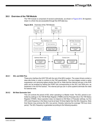 ATmega16A

20.5

Overview of the TWI Module
The TWI module is comprised of several submodules, as shown in Figure 20-9. All registers
drawn in a thick line are accessible through the AVR data bus.
Figure 20-9. Overview of the TWI Module
SCL
Slew-rate
Control

SDA

Spike
Filter

Slew-rate
Control

Spike
Filter

Bus Interface Unit
START / STOP
Control

Spike Suppression

Arbitration detection

Address/Data Shift
Register (TWDR)

Bit Rate Generator

Address Match Unit
Address Register
(TWAR)

Prescaler

Bit Rate Register
(TWBR)

Ack

Control Unit
Status Register
(TWSR)

Control Register
(TWCR)

TWI Unit
Address Comparator

State Machine and
Status control

20.5.1

SCL and SDA Pins
These pins interface the AVR TWI with the rest of the MCU system. The output drivers contain a
slew-rate limiter in order to conform to the TWI specification. The input stages contain a spike
suppression unit removing spikes shorter than 50 ns. Note that the internal pull-ups in the AVR
pads can be enabled by setting the PORT bits corresponding to the SCL and SDA pins, as
explained in the I/O Port section. The internal pull-ups can in some systems eliminate the need
for external ones.

20.5.2

Bit Rate Generator Unit
This unit controls the period of SCL when operating in a Master mode. The SCL period is controlled by settings in the TWI Bit Rate Register (TWBR) and the Prescaler bits in the TWI Status
Register (TWSR). Slave operation does not depend on Bit Rate or Prescaler settings, but the
CPU clock frequency in the Slave must be at least 16 times higher than the SCL frequency. Note
that Slaves may prolong the SCL low period, thereby reducing the average TWI bus clock
period. The SCL frequency is generated according to the following equation:

181
8154A–AVR–06/08

 